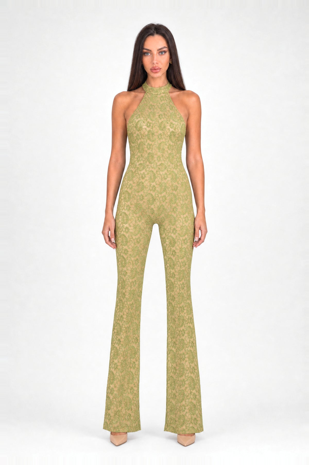 The Kew Lace Halter Jumpsuit in Green, front