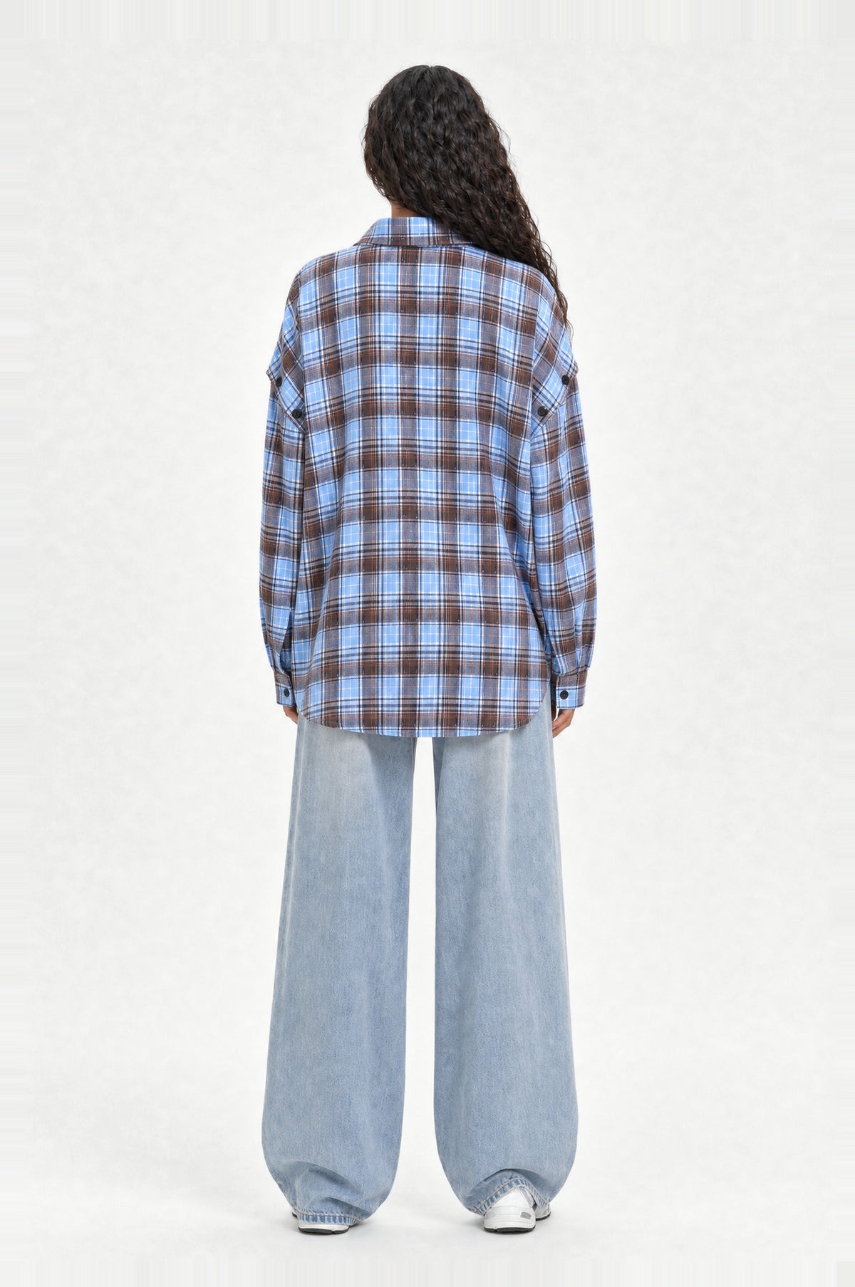 Brockley Check Shirt in Coffee & Blue Check, back view