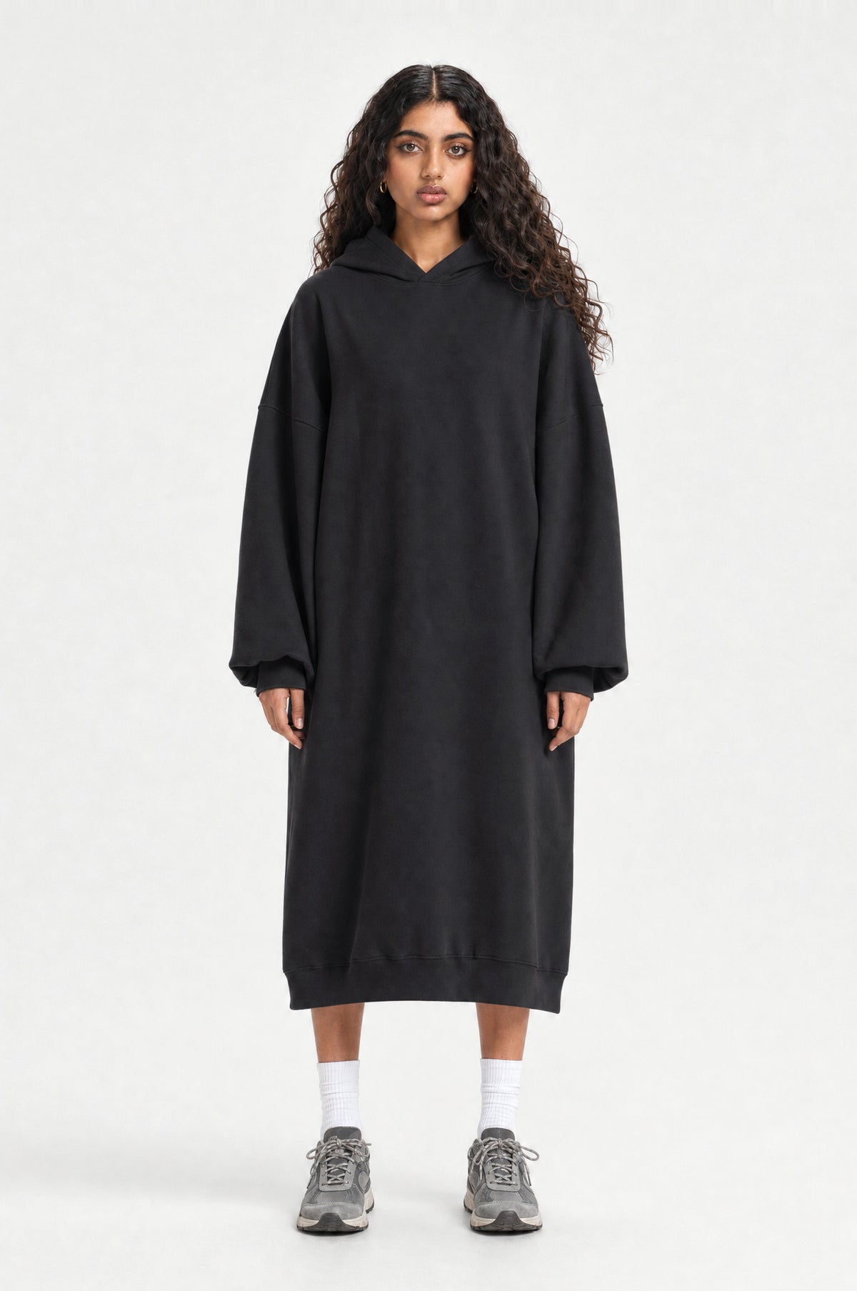 The Camden Hoodie Dress in Black, front