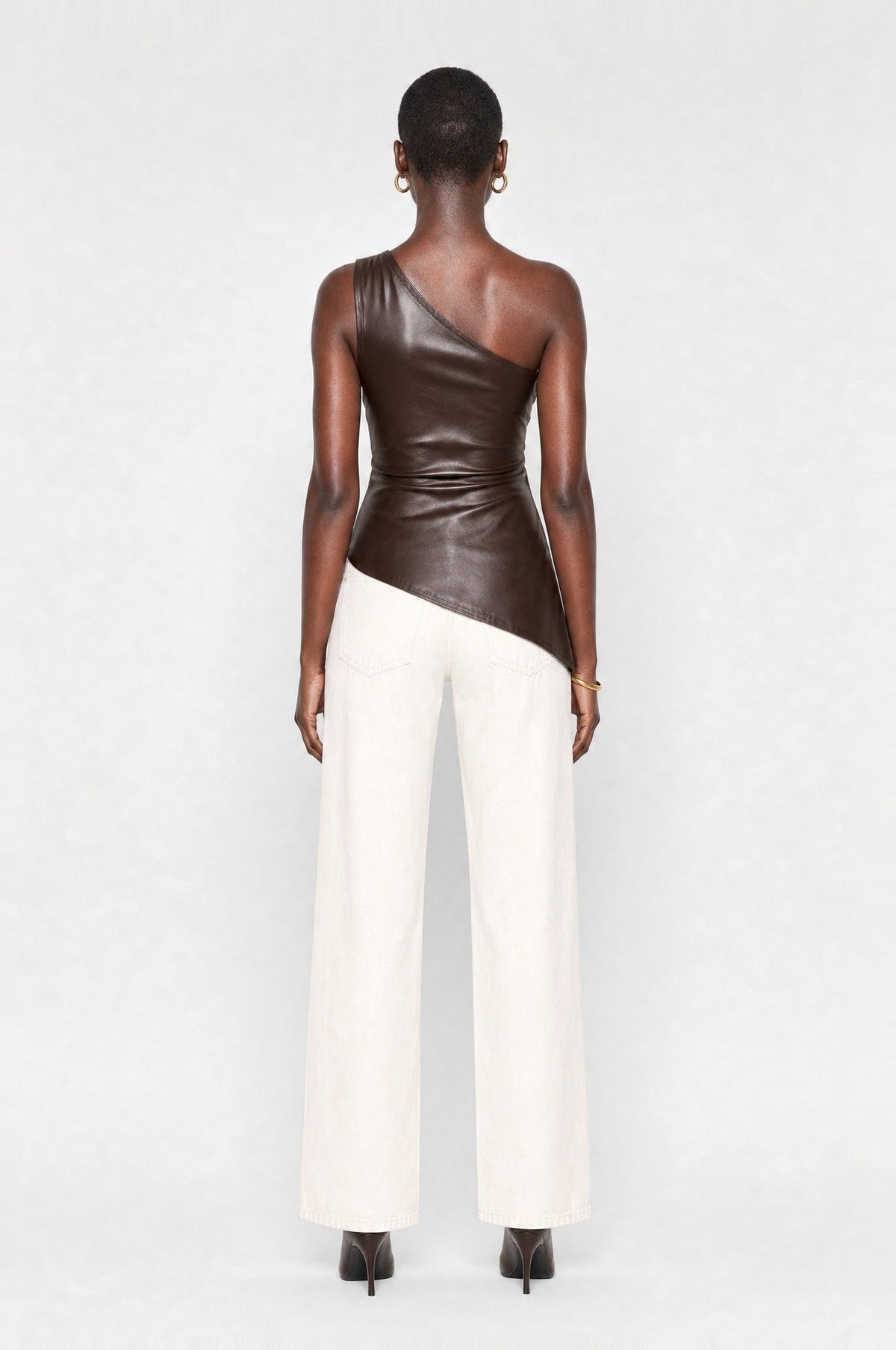 Aldgate Leather-Look One-Shoulder Top in Dark Brown, back
