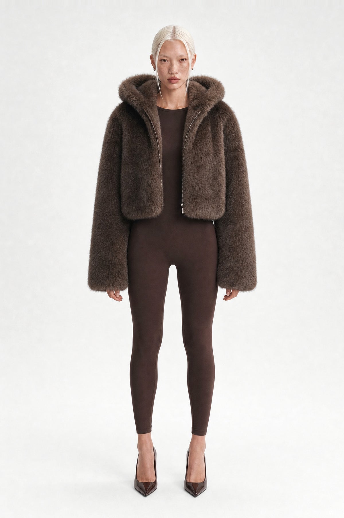 Hammersmith Plush Hooded Jacket in Coffee, front