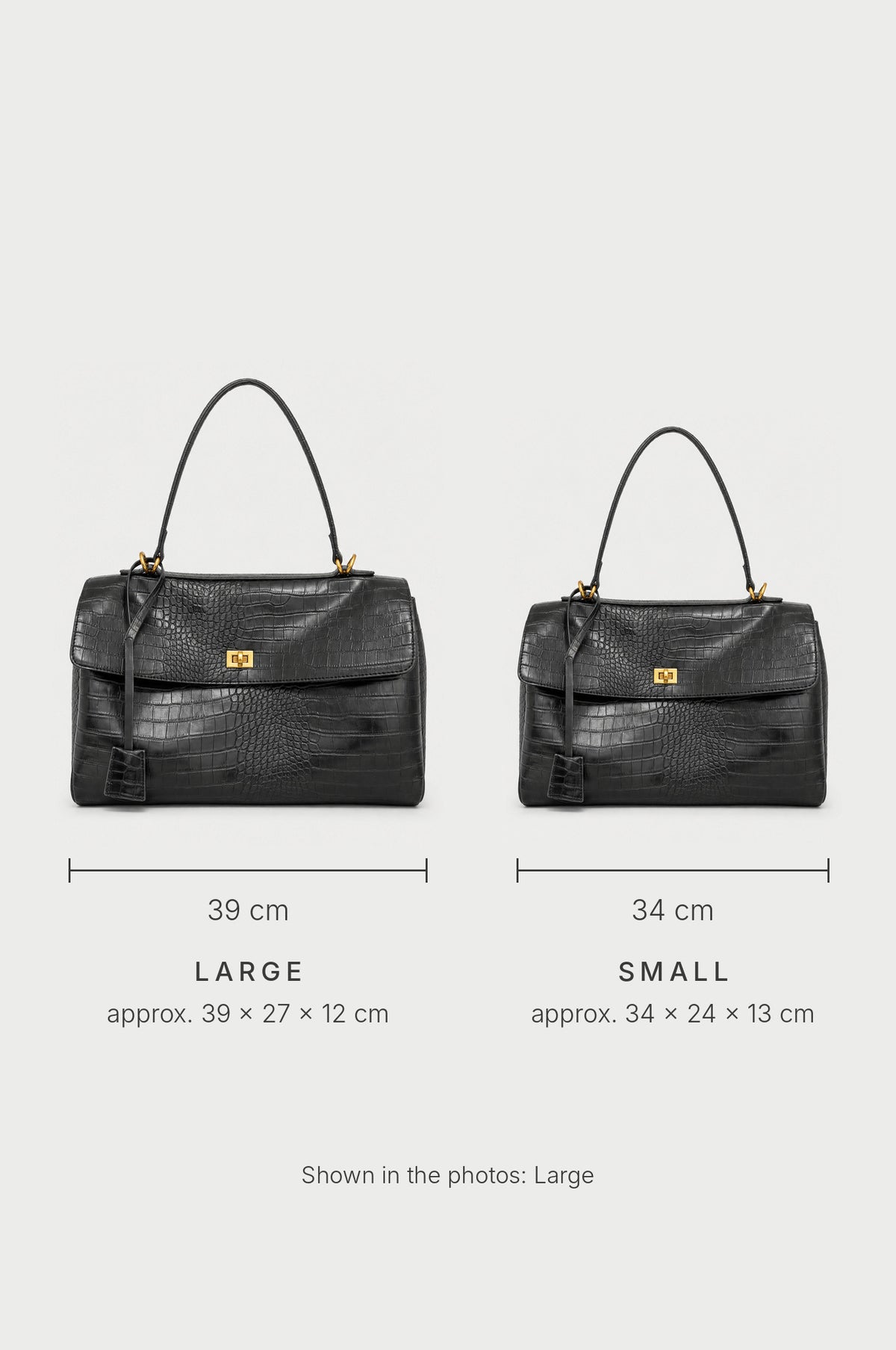 The Marylebone Croc-Effect Tote, size guide, Large and Small