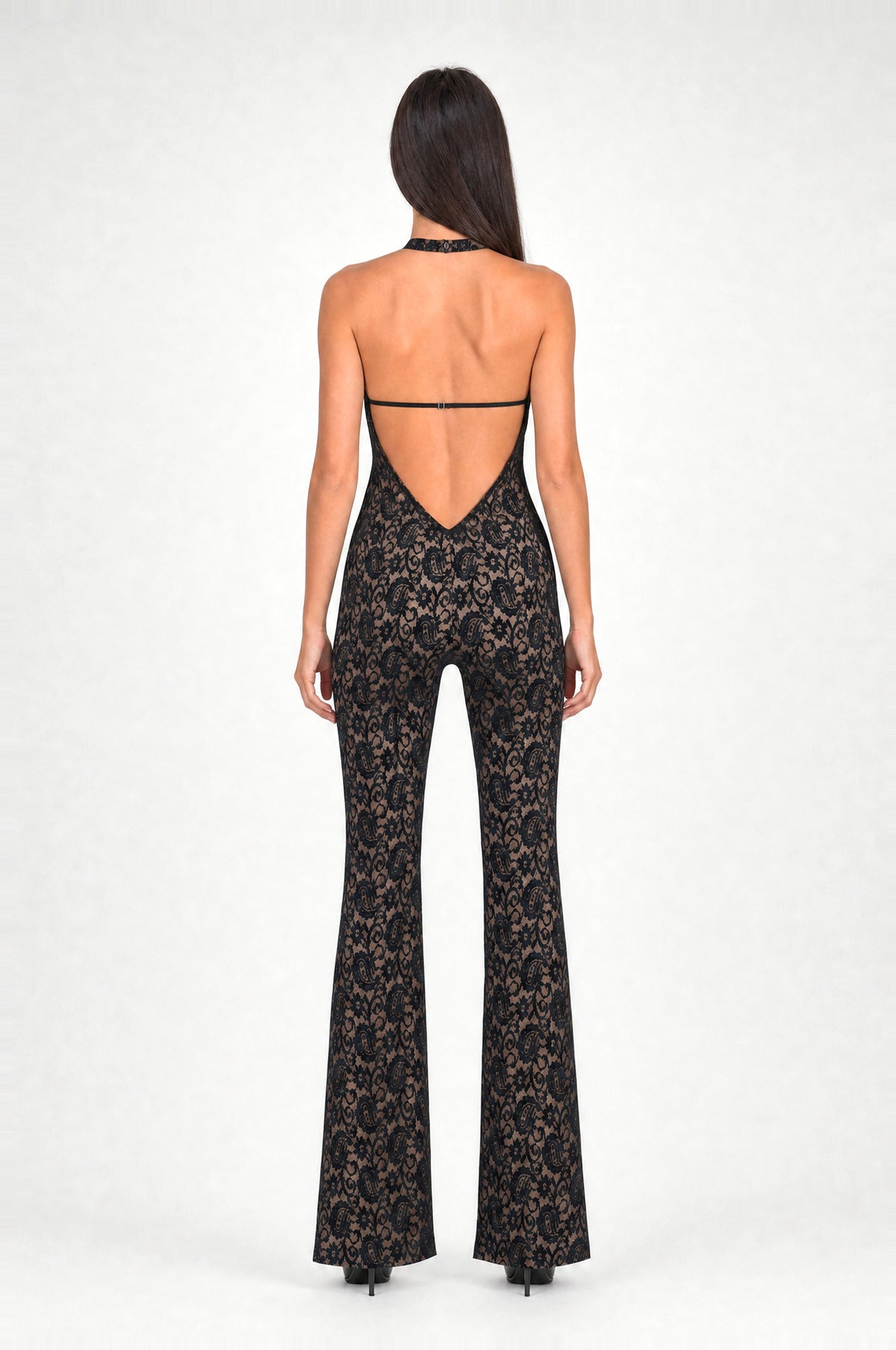 The Kew Lace Halter Jumpsuit in Black, back
