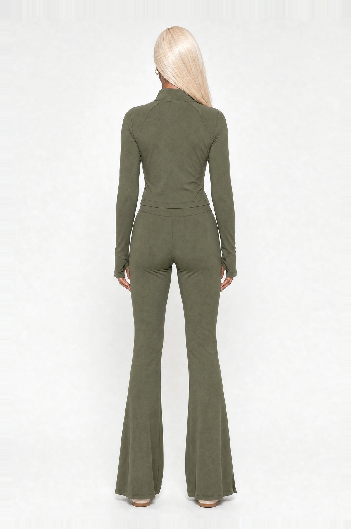Peckham Flare Two-Piece Set in Khaki Green, back view