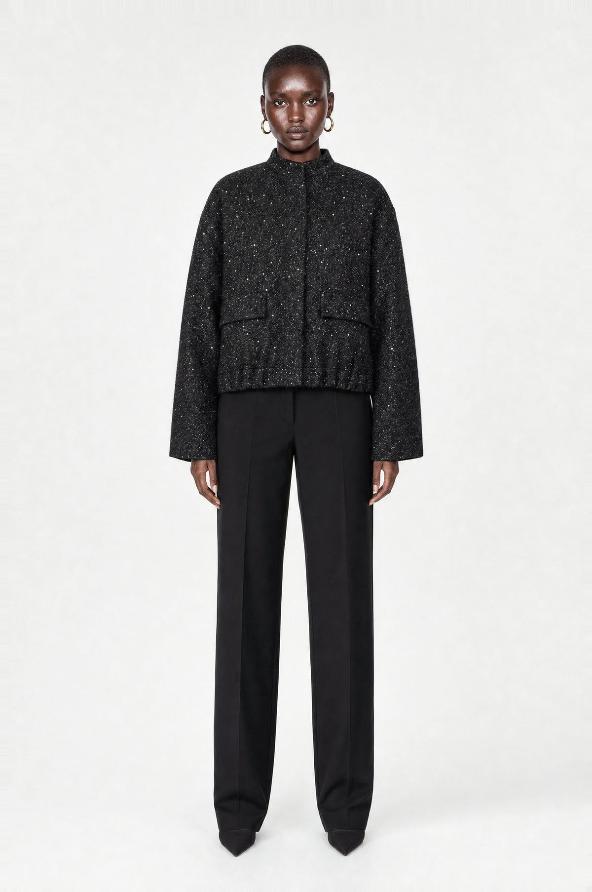 Barbican Bouclé Bomber Jacket in Black, front