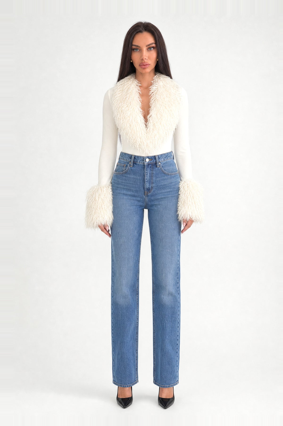 The Highgate Faux Shearling Bodysuit in Cream, front