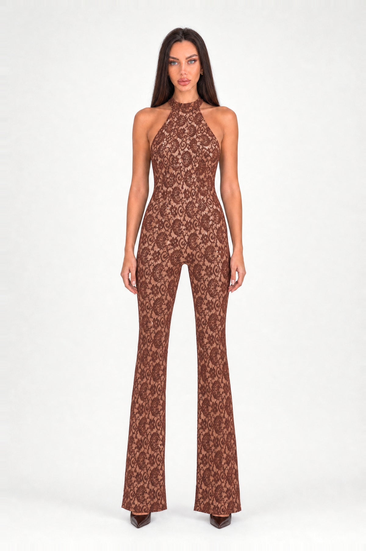 The Kew Lace Halter Jumpsuit in Coffee, front