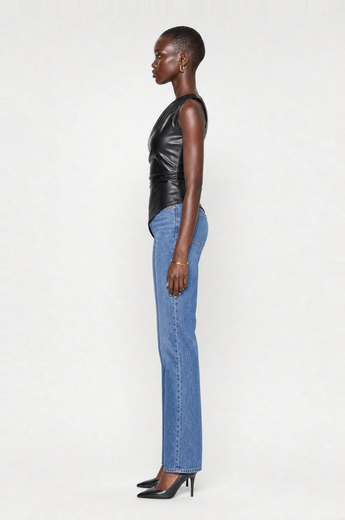 Aldgate Leather-Look One-Shoulder Top in Black, side profile