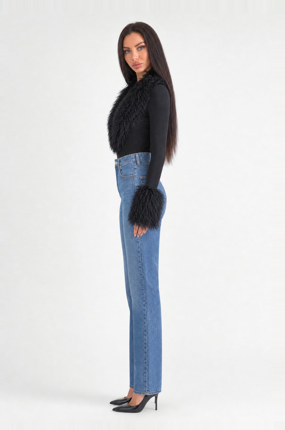 The Highgate Faux Shearling Bodysuit in Black, side, looking at camera