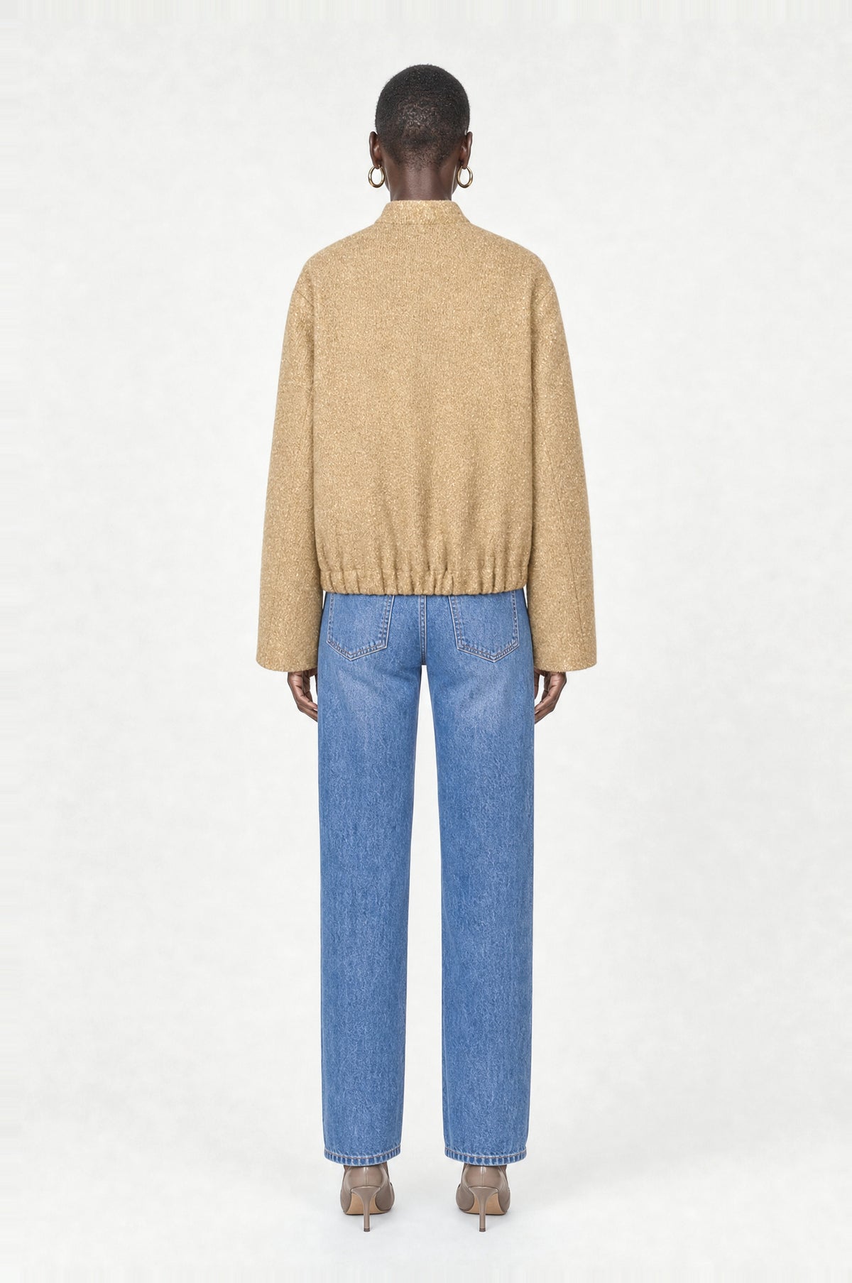 Barbican Bouclé Bomber Jacket in Camel, back