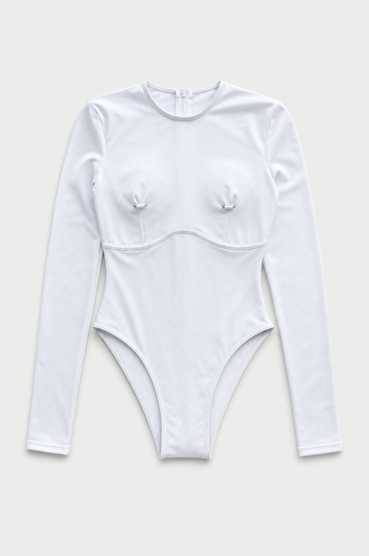 The Serpentine Zip-Back Bodysuit in White, laid flat