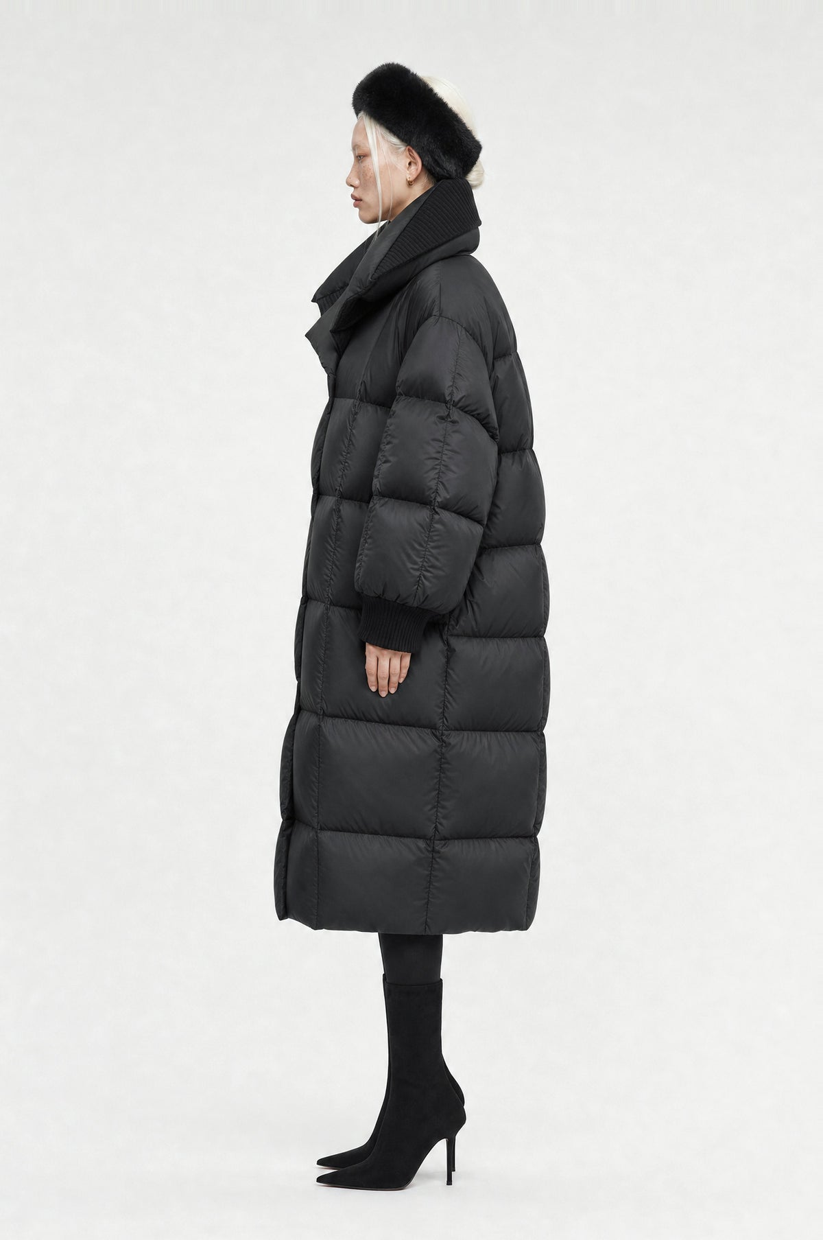 Muswell Padded Maxi Coat in Black, side profile