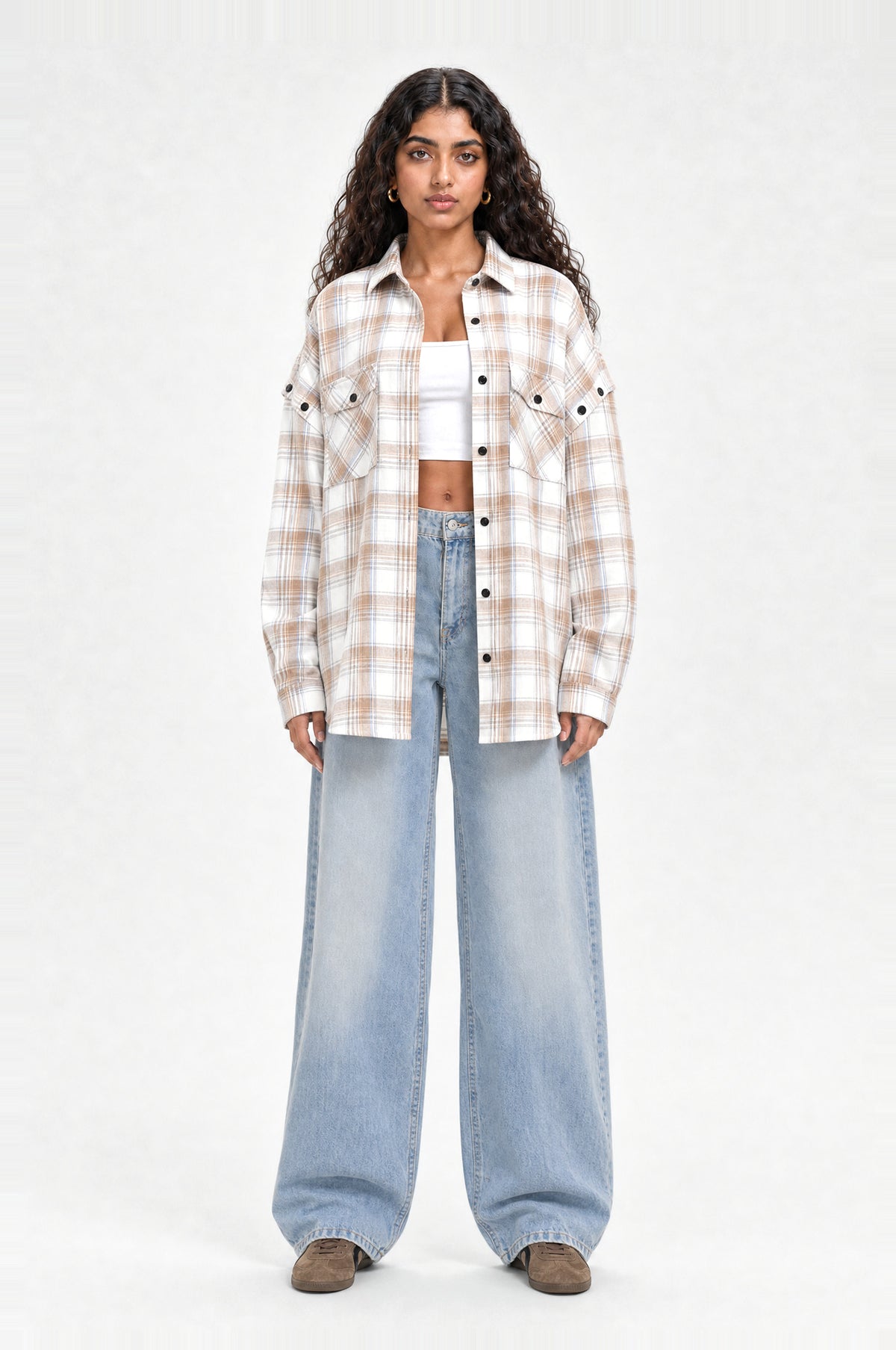 Brockley Check Shirt in White & Camel Check, front view