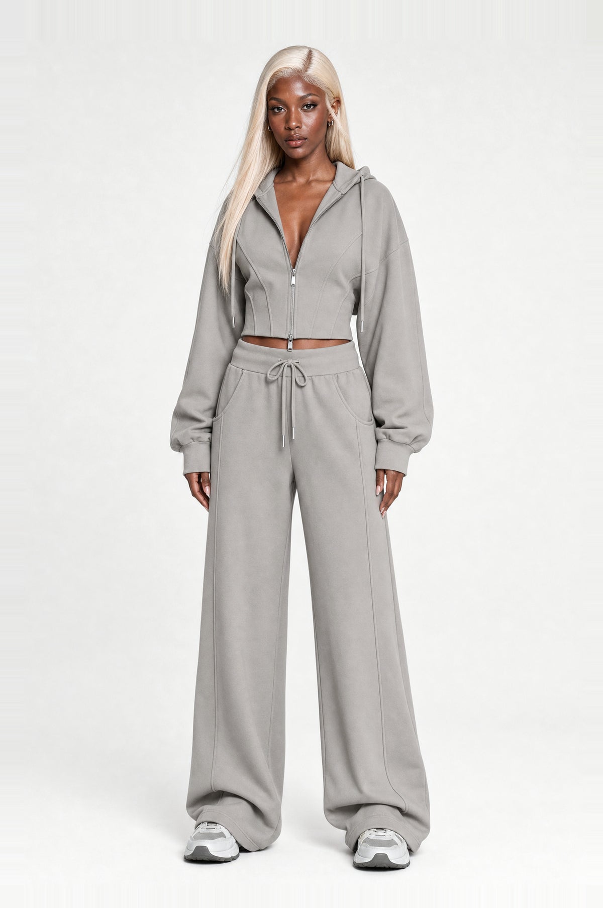 Clapham Cropped Hoodie Set in Grey, front