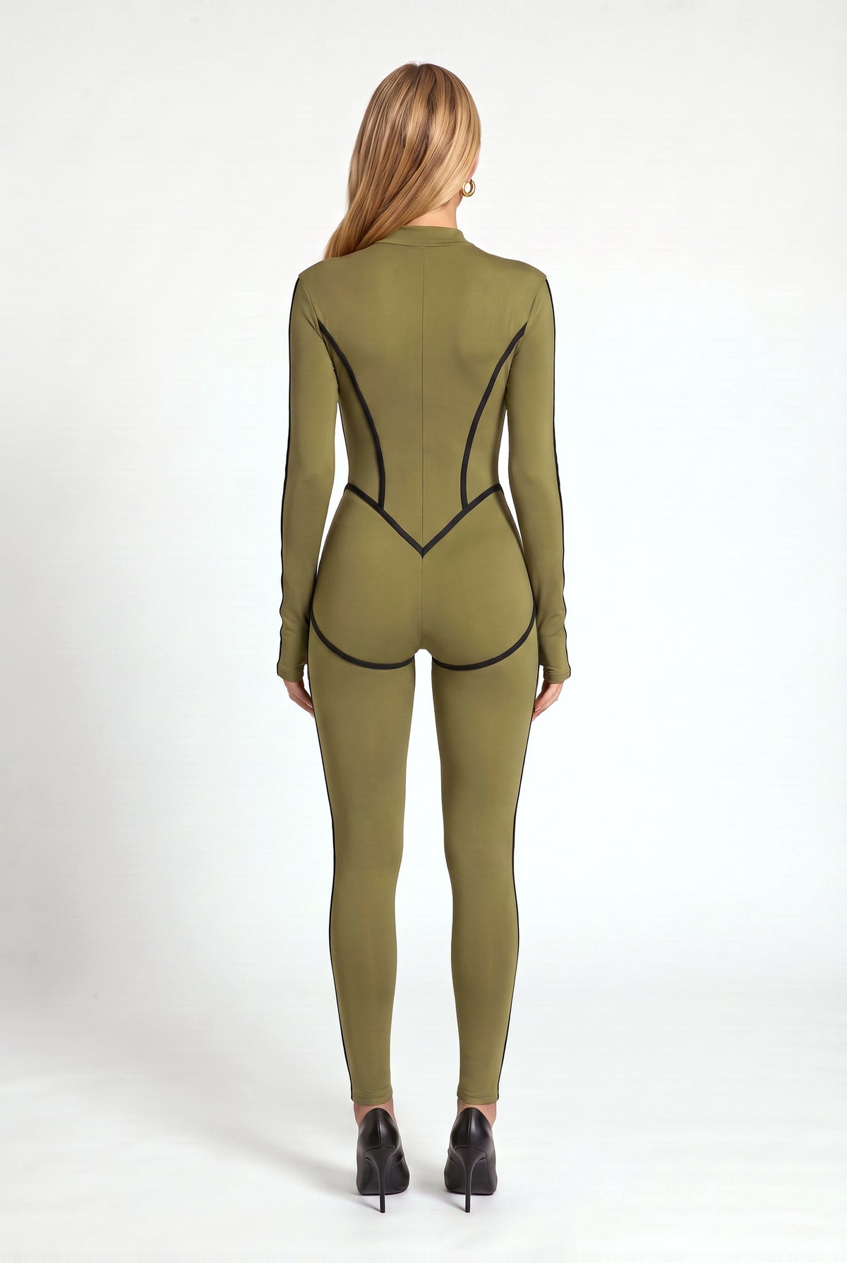 Stockwell Printed Catsuit in Khaki & Black, back view