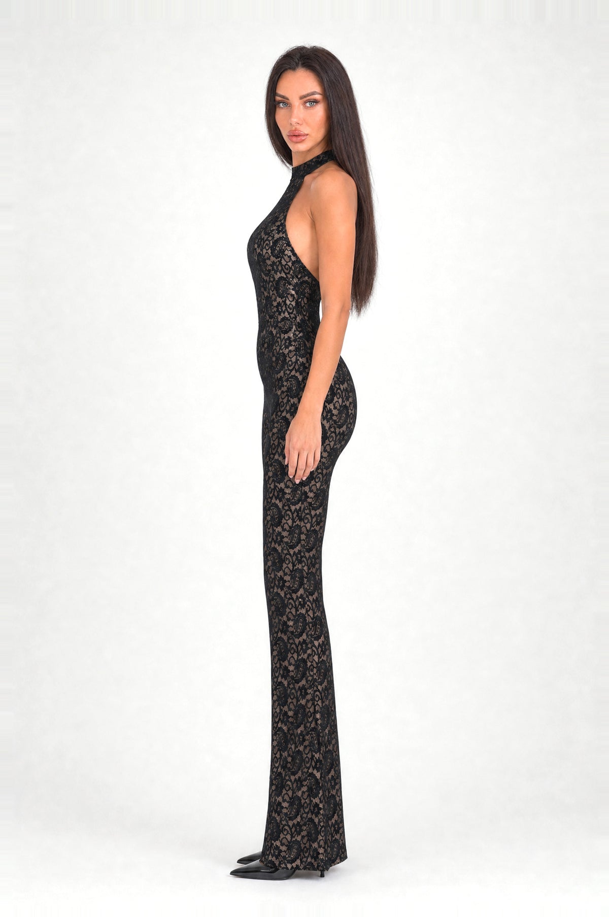 The Kew Lace Halter Jumpsuit in Black, side, looking at camera