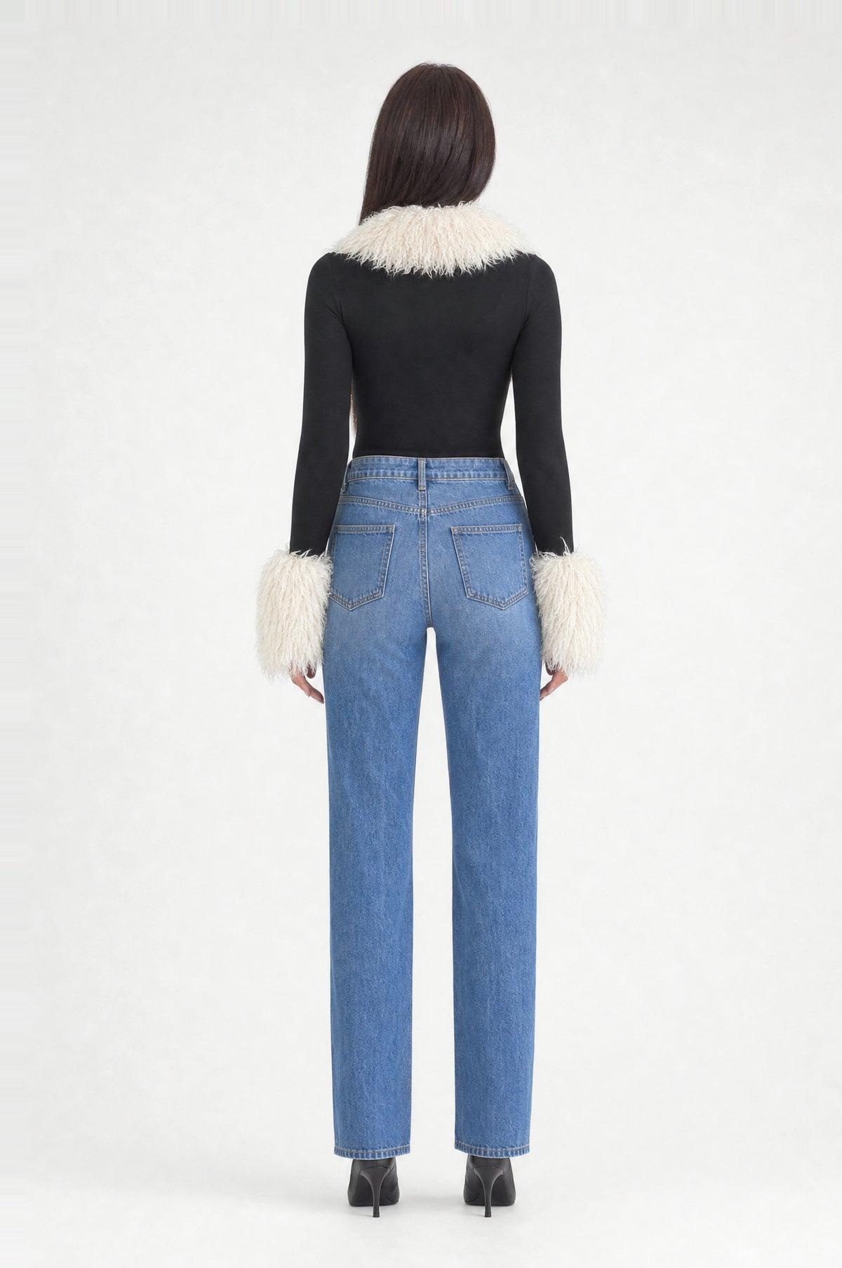 The Highgate Faux Shearling Bodysuit in Black & Cream, back