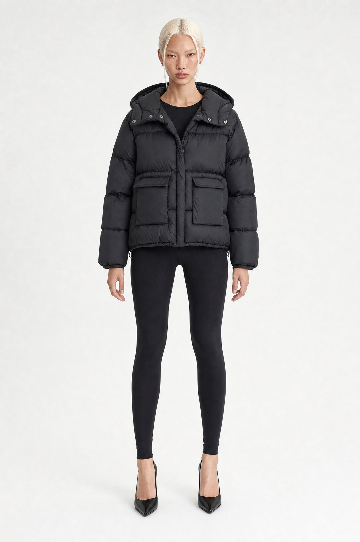 The Richmond Hooded Puffer in Black, front