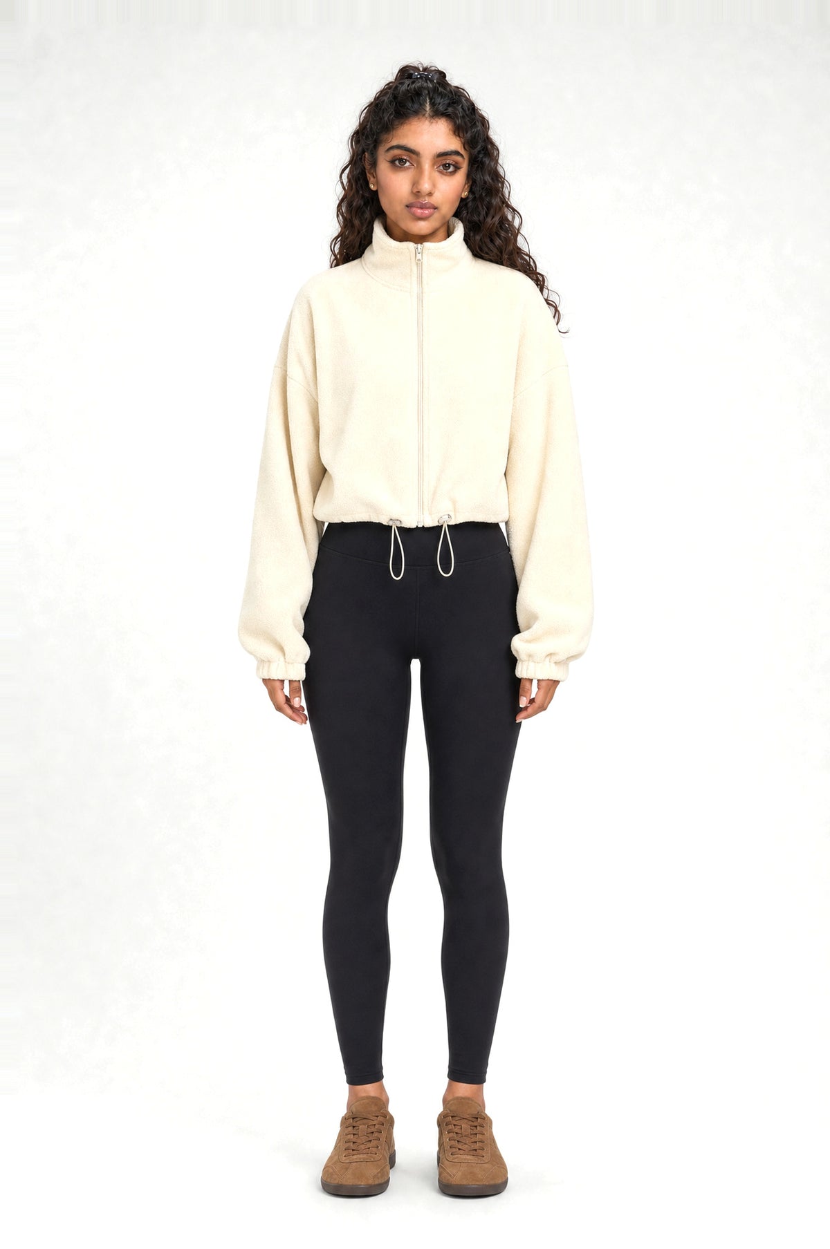 Ealing Cropped Fleece Jacket in Cream, front view