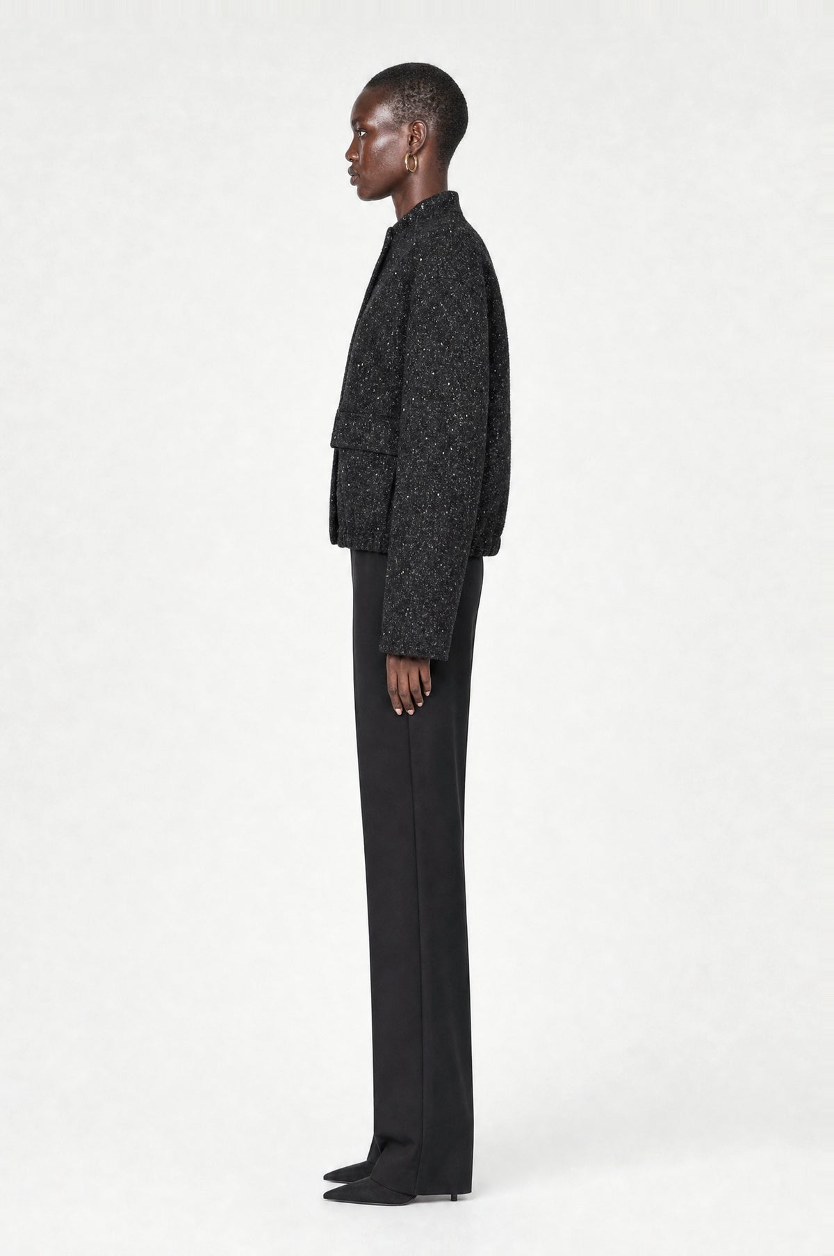 Barbican Bouclé Bomber Jacket in Black, side profile