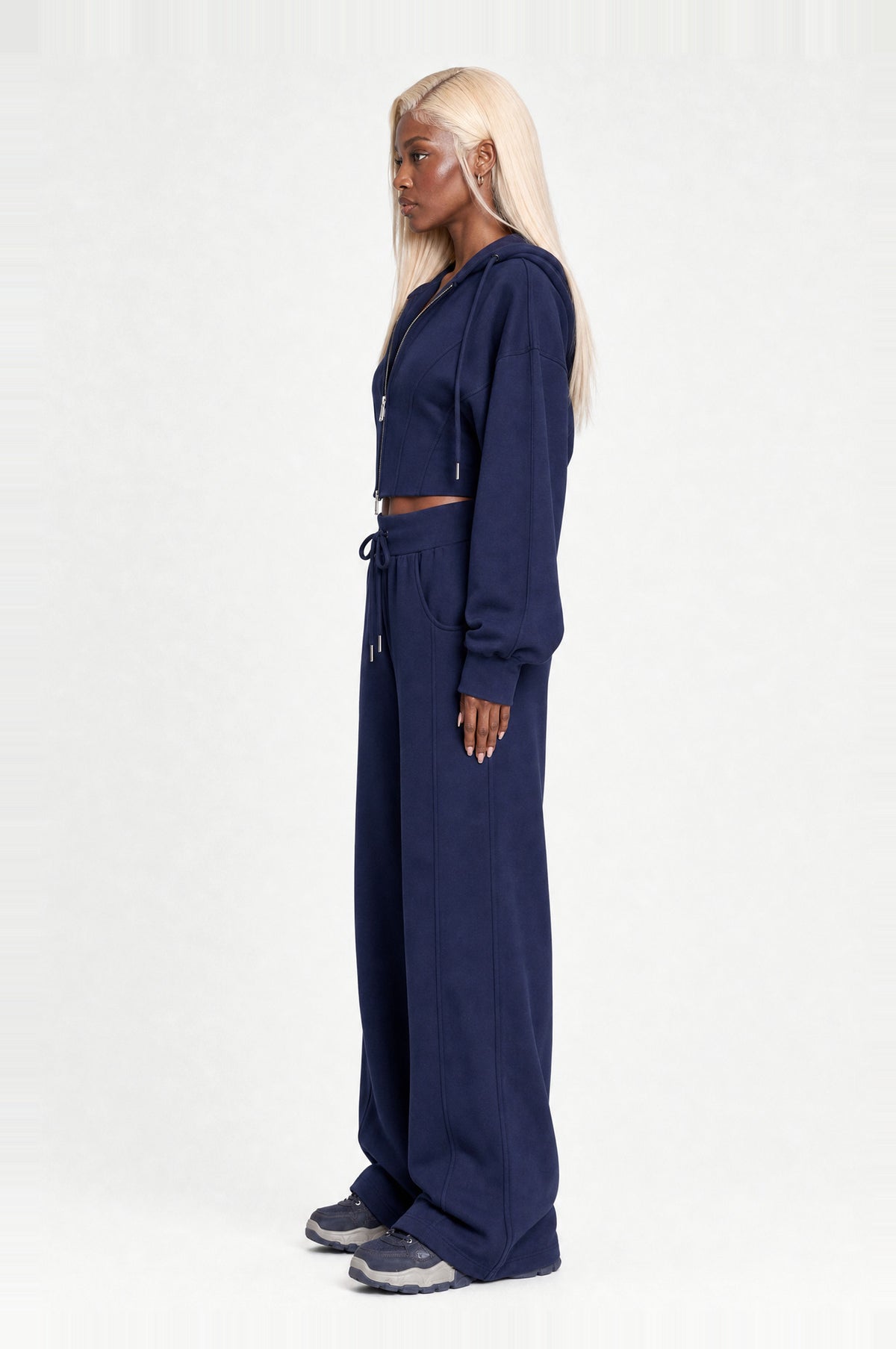 Clapham Cropped Hoodie Set in Navy, side profile