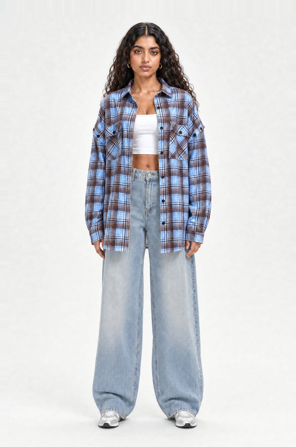 Brockley Check Shirt in Coffee & Blue Check, front view