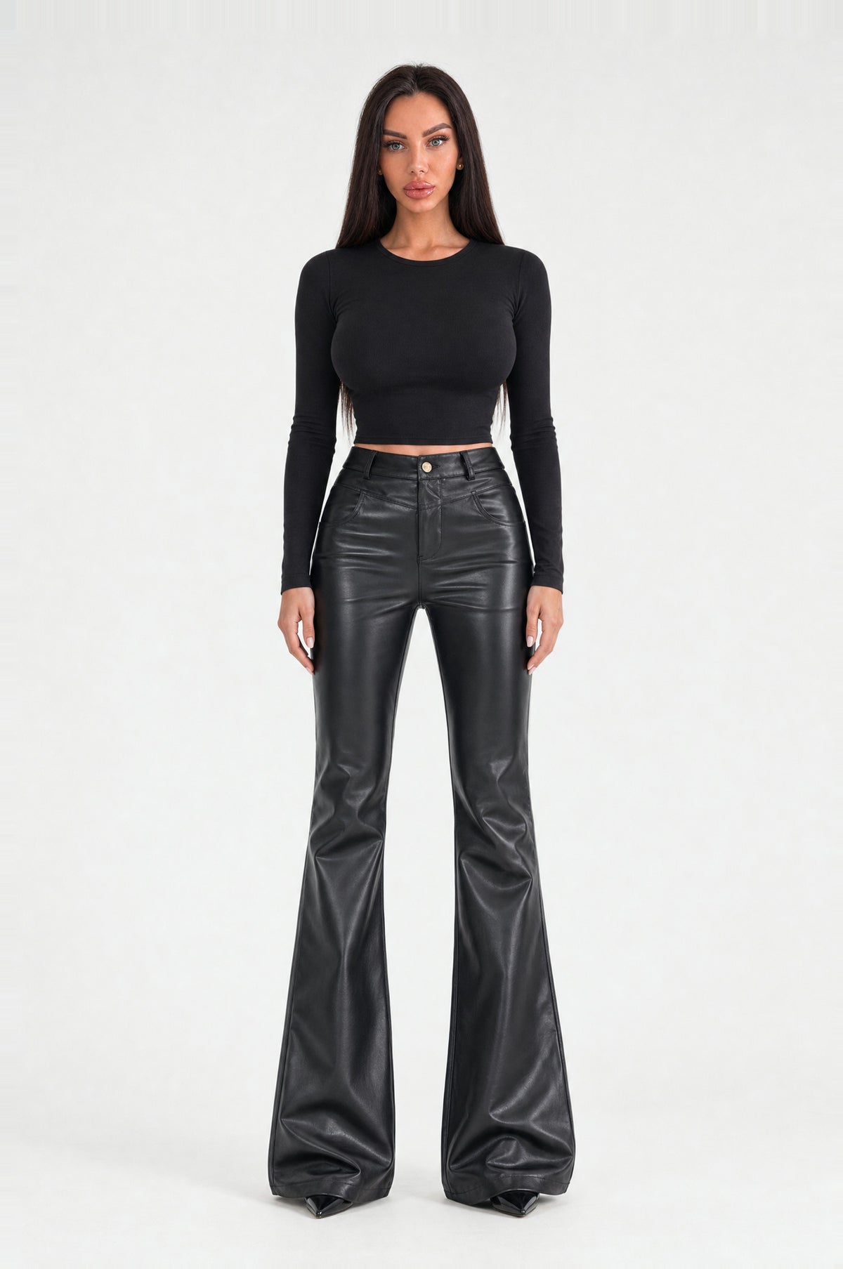 The Fulham Faux Leather Flared Trousers in Black, front