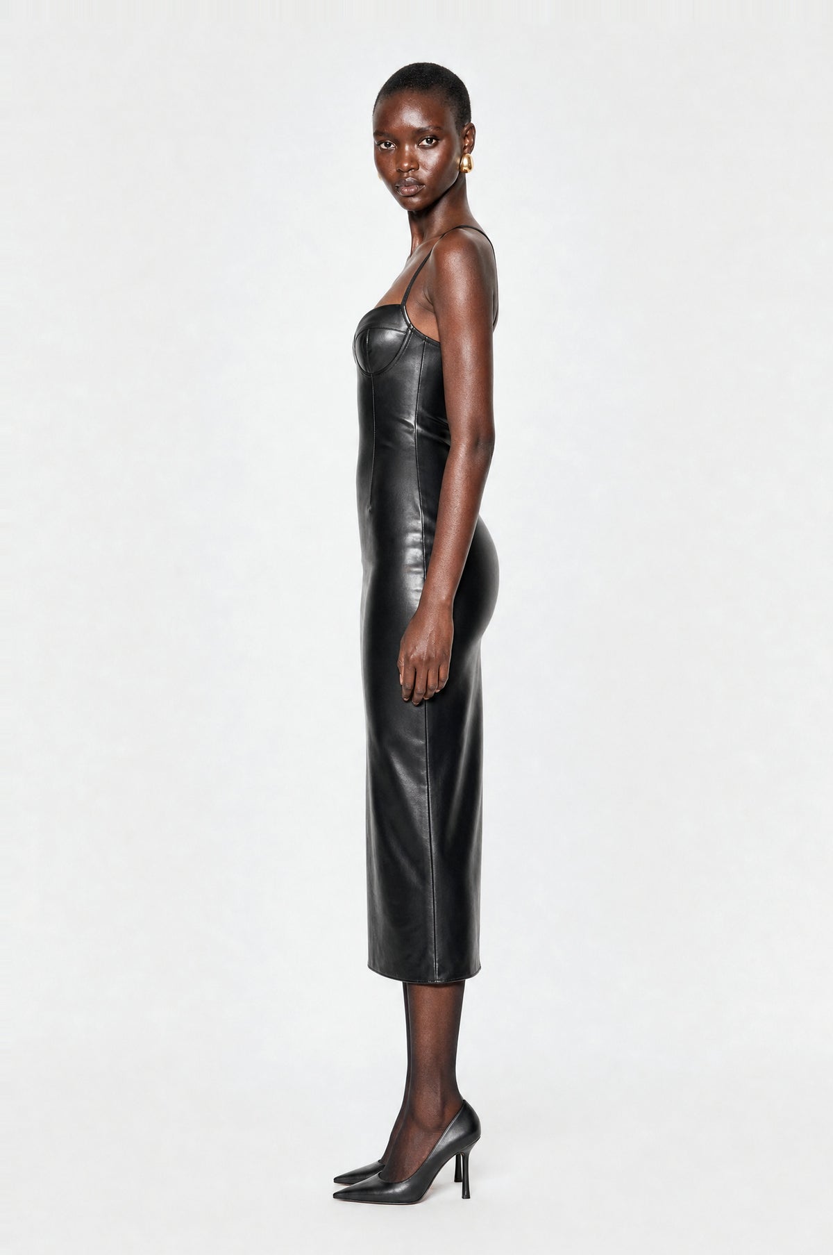 Piccadilly Faux Leather Midi Dress in Black, side view