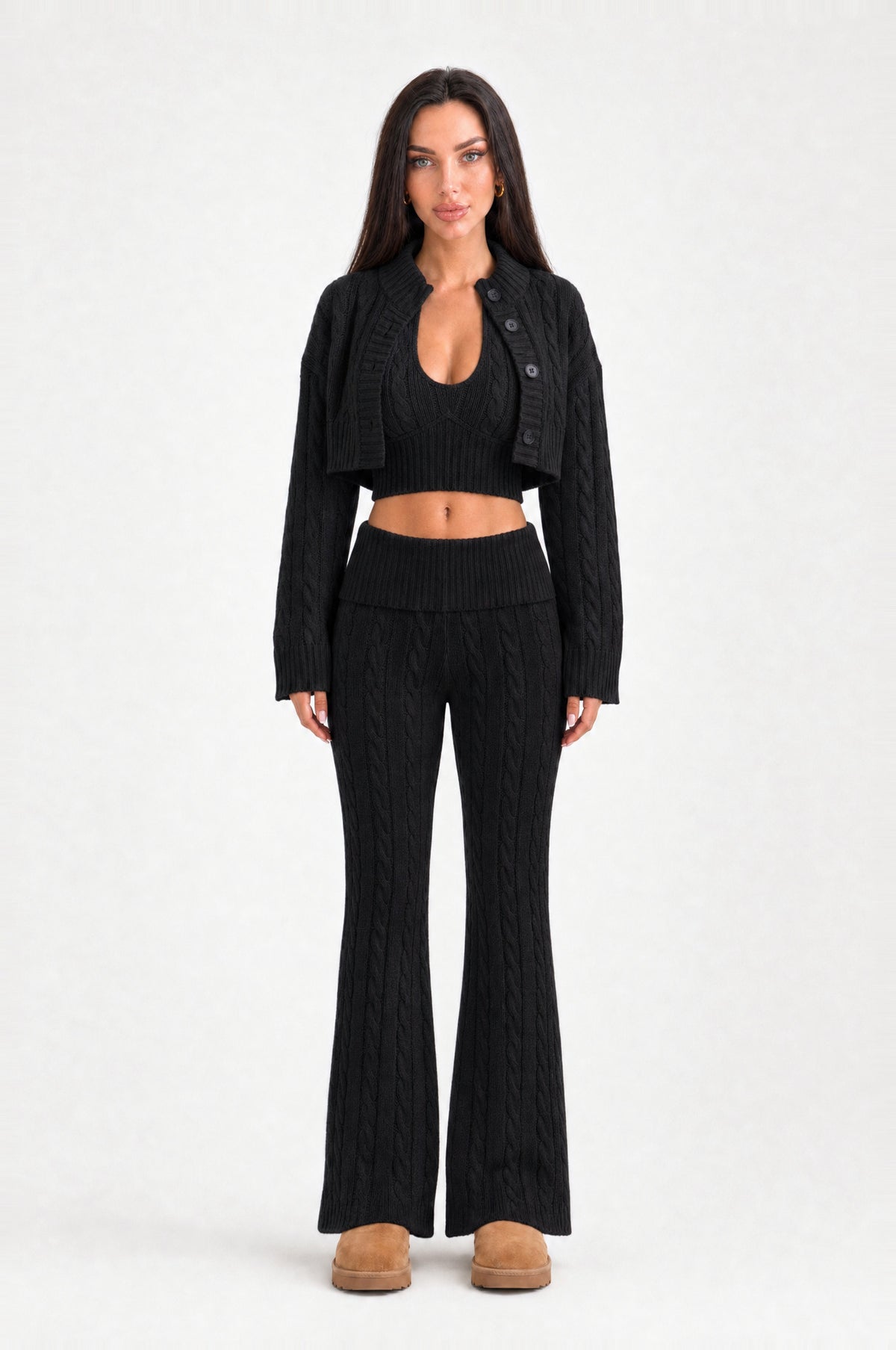 Belsize Cable-Knit Three-Piece Set in Black, front