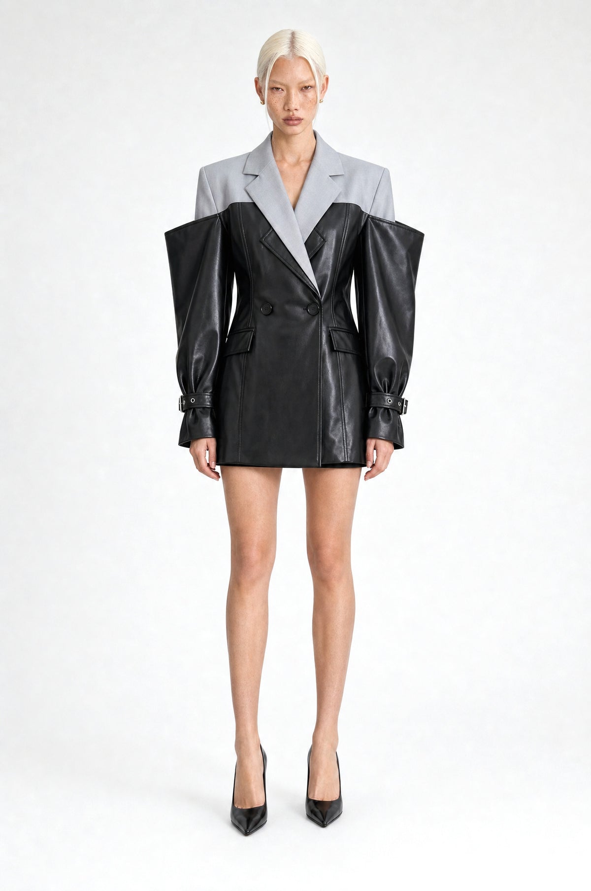 The Knightsbridge Faux Leather Blazer in Black & Grey, front