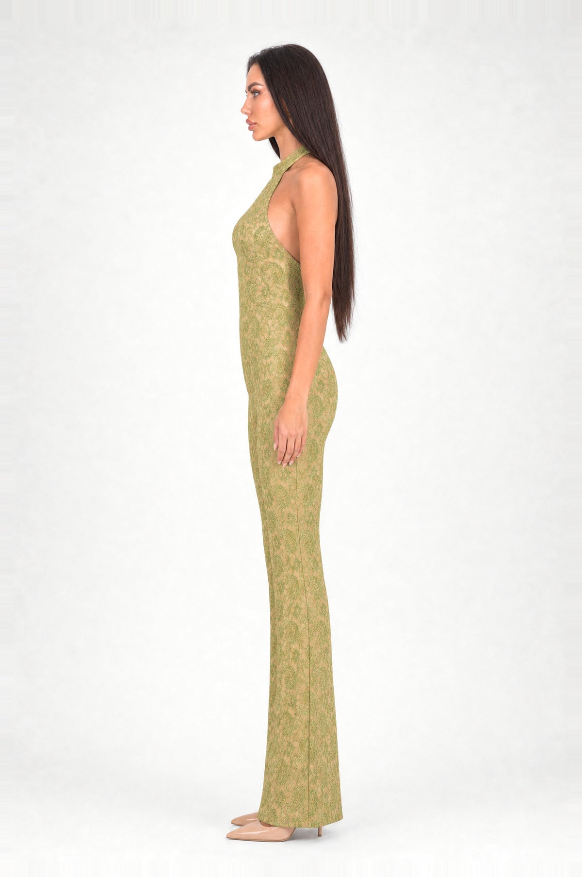 The Kew Lace Halter Jumpsuit in Green, side profile