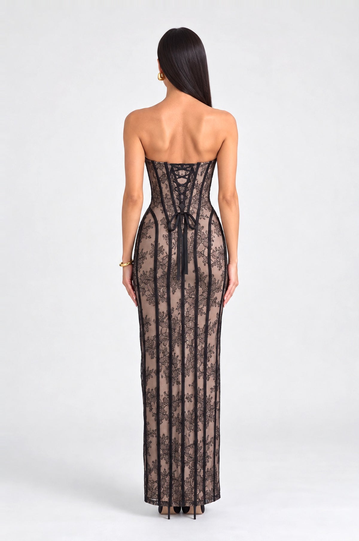 Fitzrovia Lace Corset Maxi Dress in Black, back