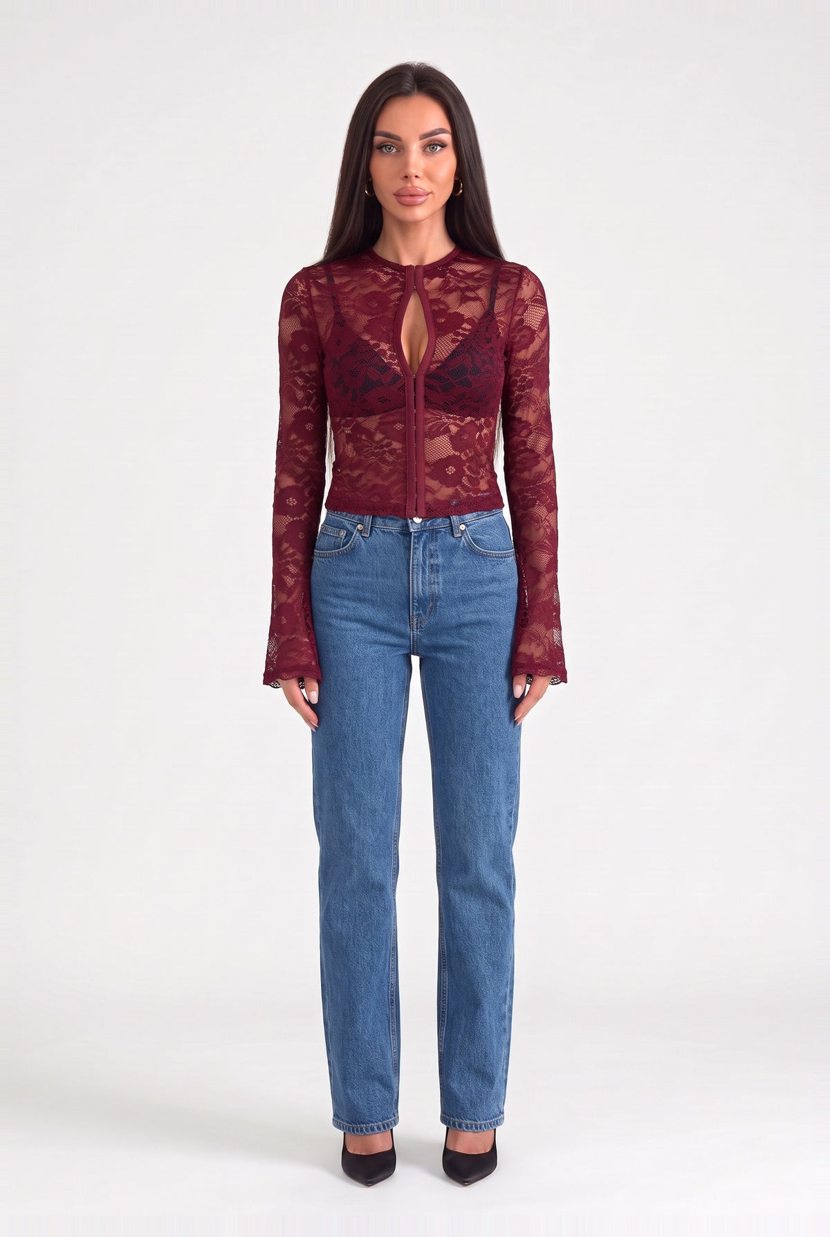 Strand Lace Keyhole Top in Burgundy, front