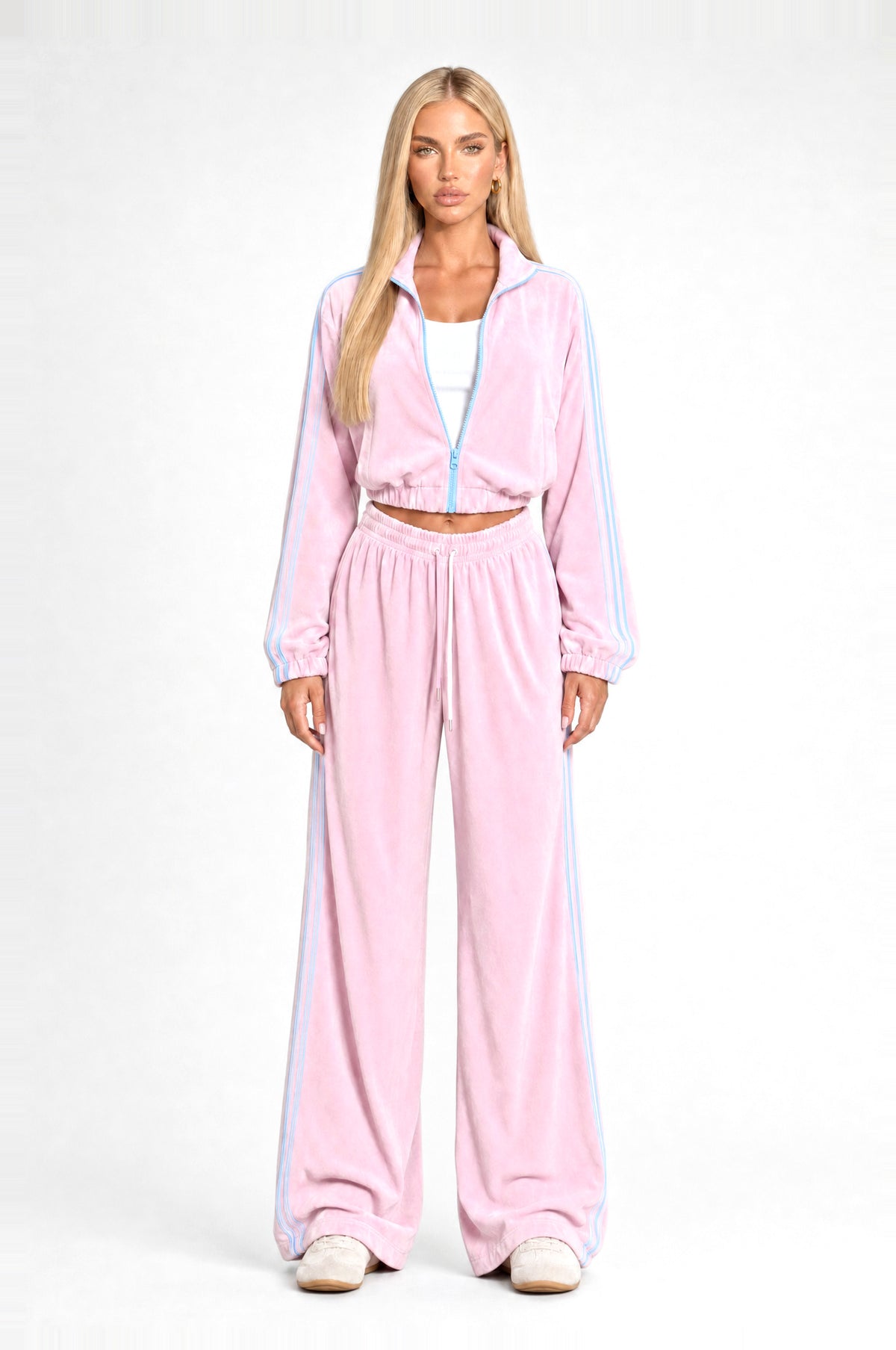 Bermondsey Velour Tracksuit in Pink, front view