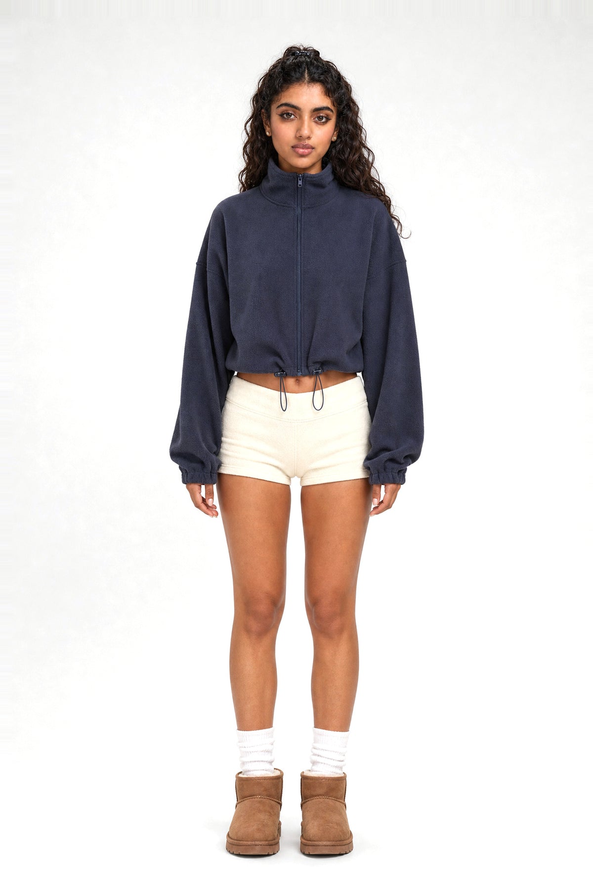 Ealing Cropped Fleece Jacket in Navy, front view