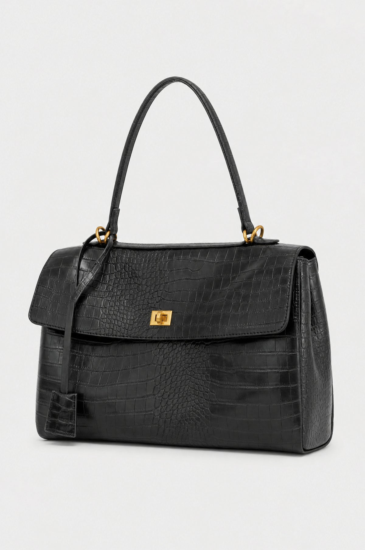 The Marylebone Croc-Effect Tote in Black, product shot, three-quarter