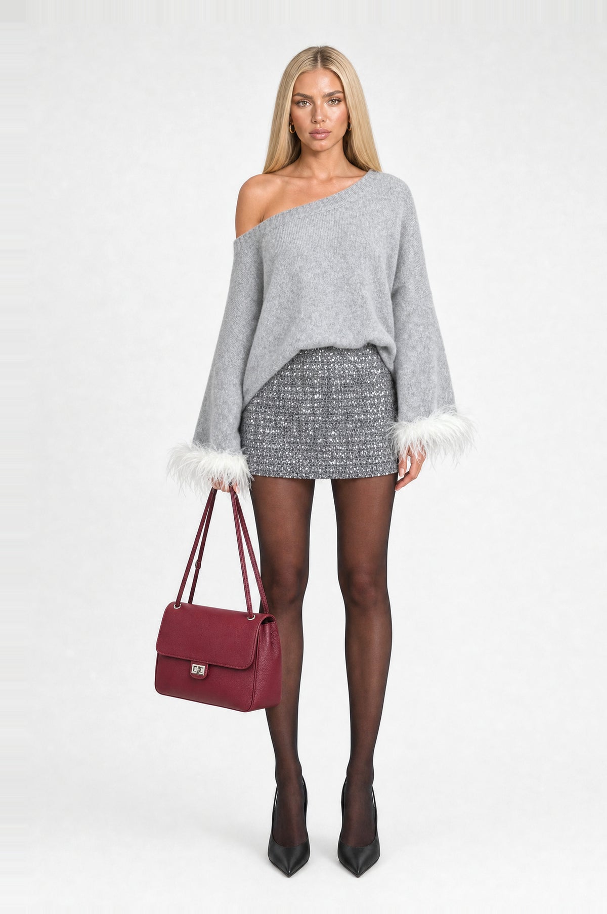 Canonbury Flap Shoulder Bag in Burgundy, worn