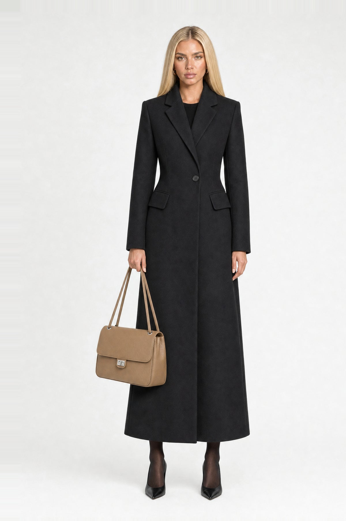 Canonbury Flap Shoulder Bag in Camel, worn