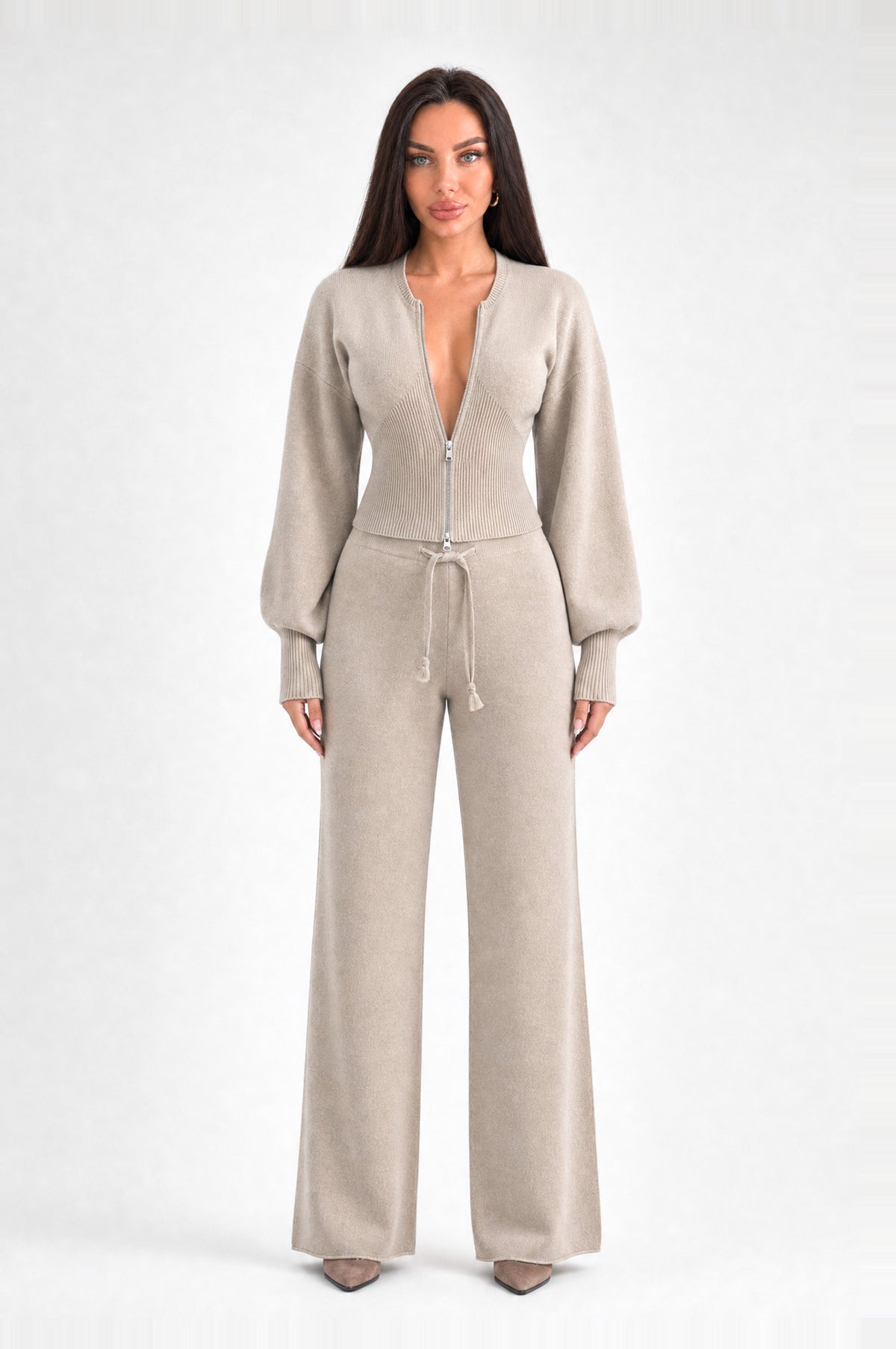 Euston Knitted Zip-Up Set in Apricot, front