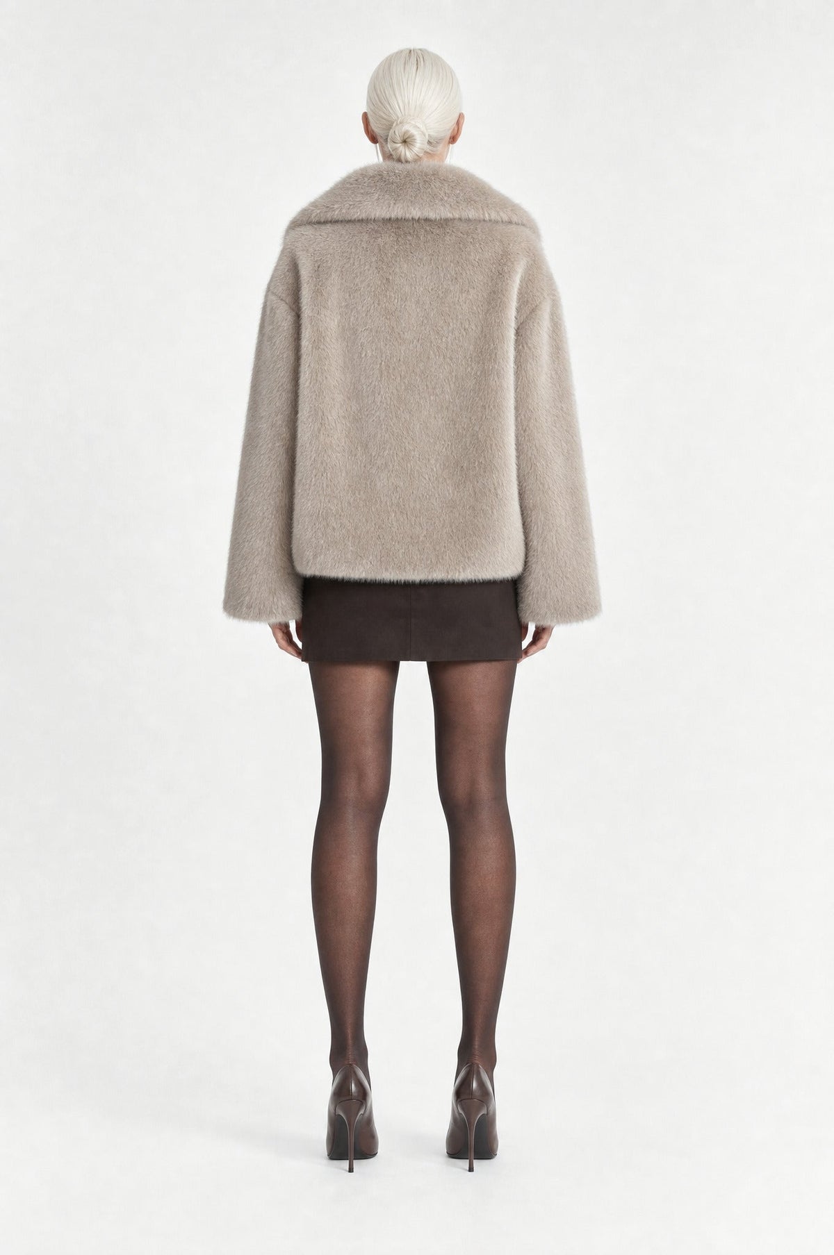 The Belgravia Faux Fur Jacket in Beige Grey, back