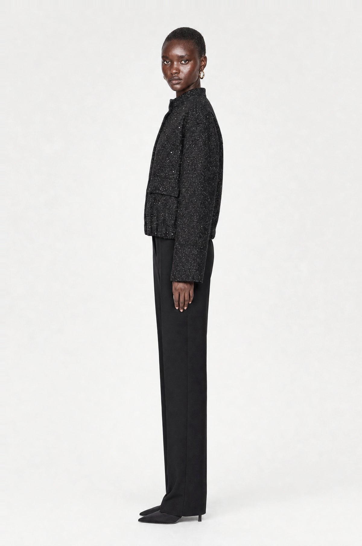 Barbican Bouclé Bomber Jacket in Black, side view