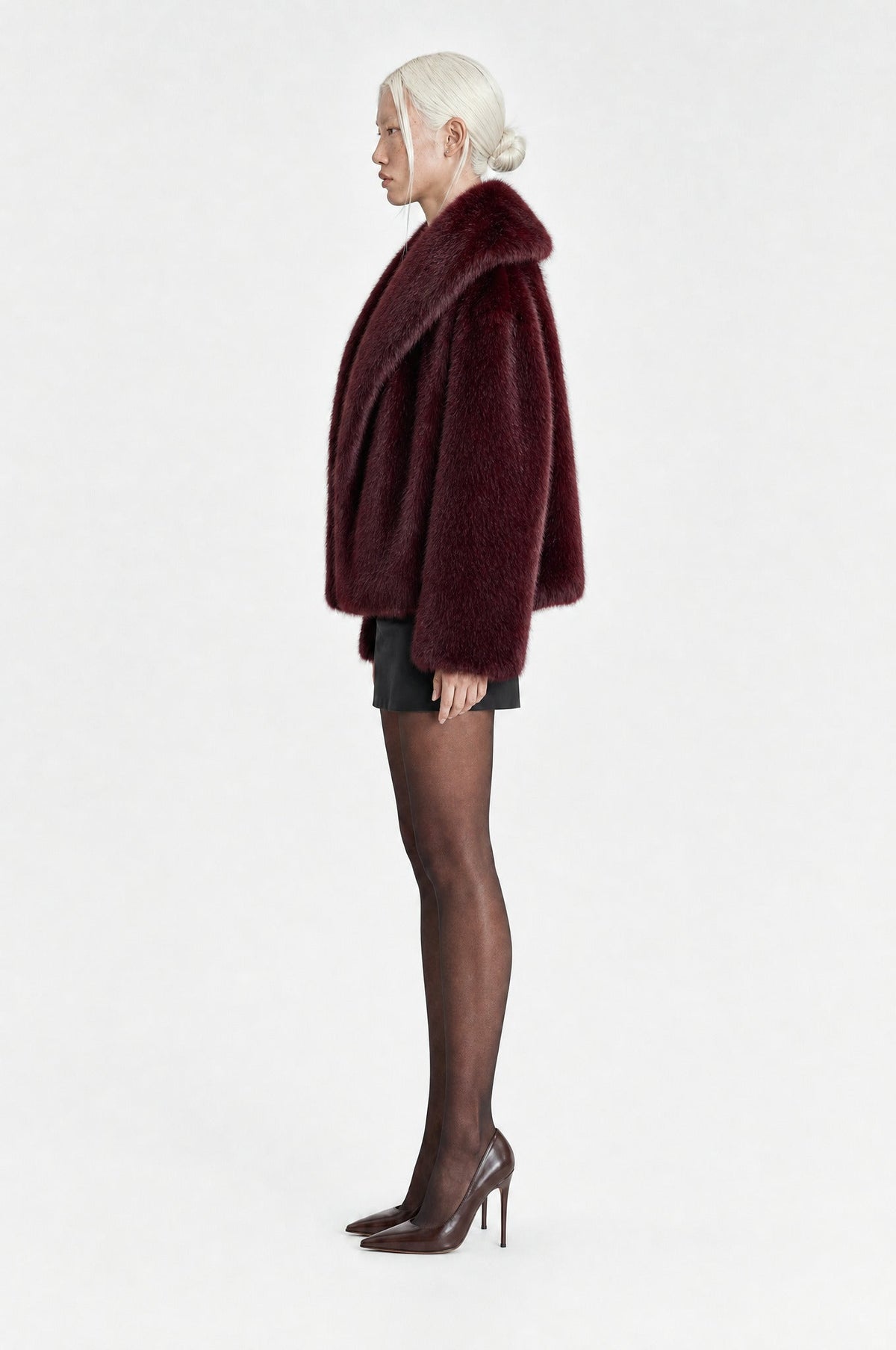 The Belgravia Faux Fur Jacket in Burgundy, side profile
