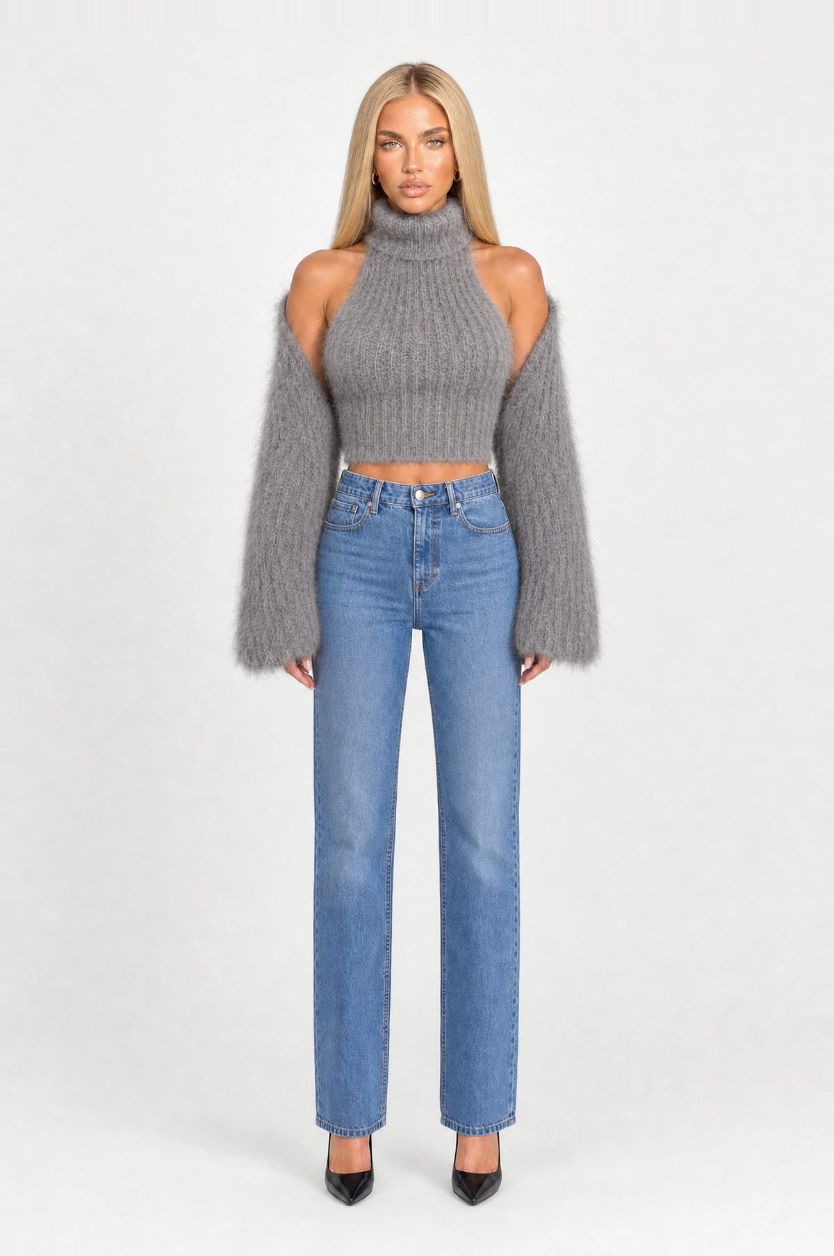 Angel Fluffy Knit Two-Piece in Grey, front view