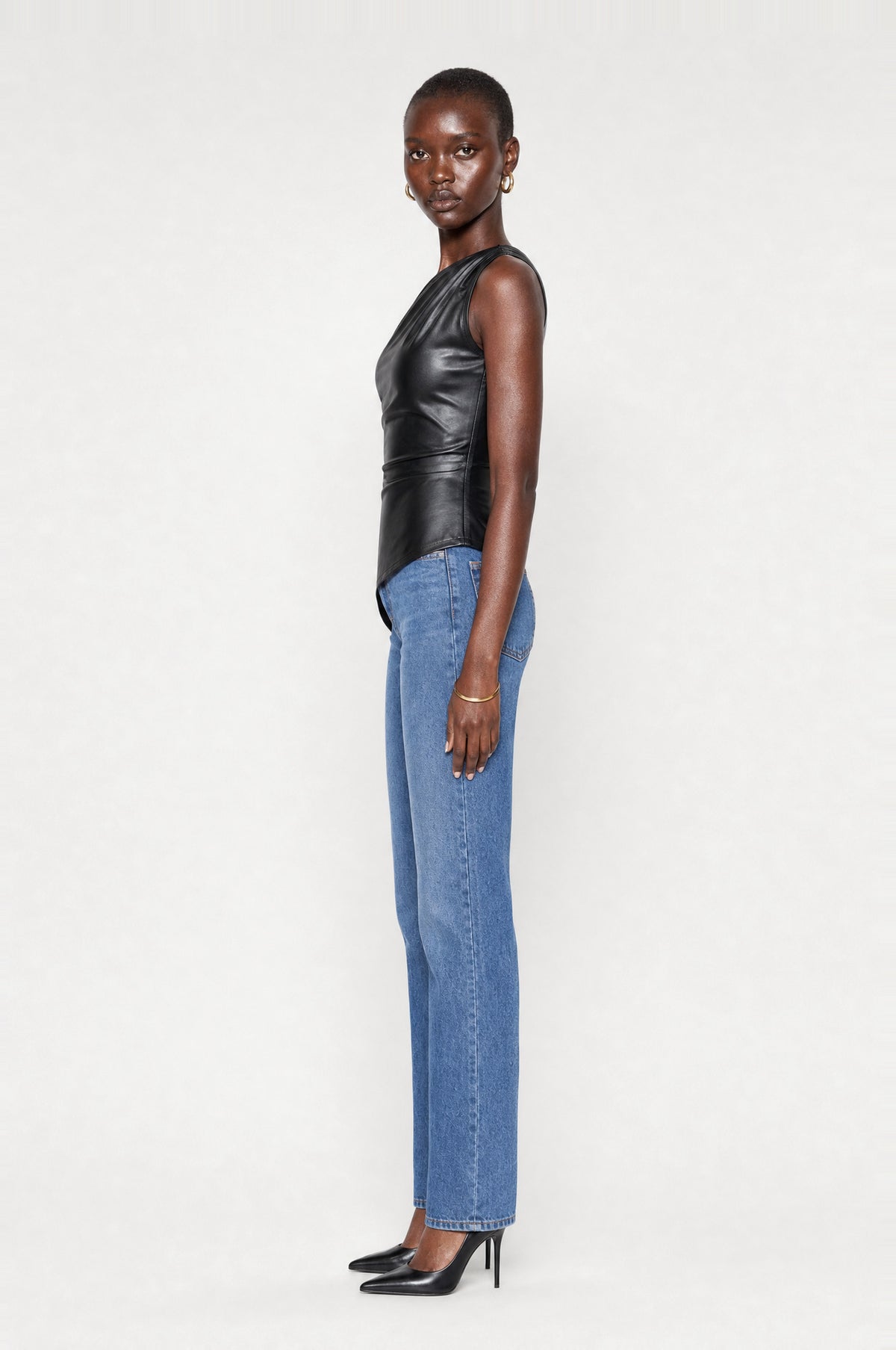 Aldgate Leather-Look One-Shoulder Top in Black, side view