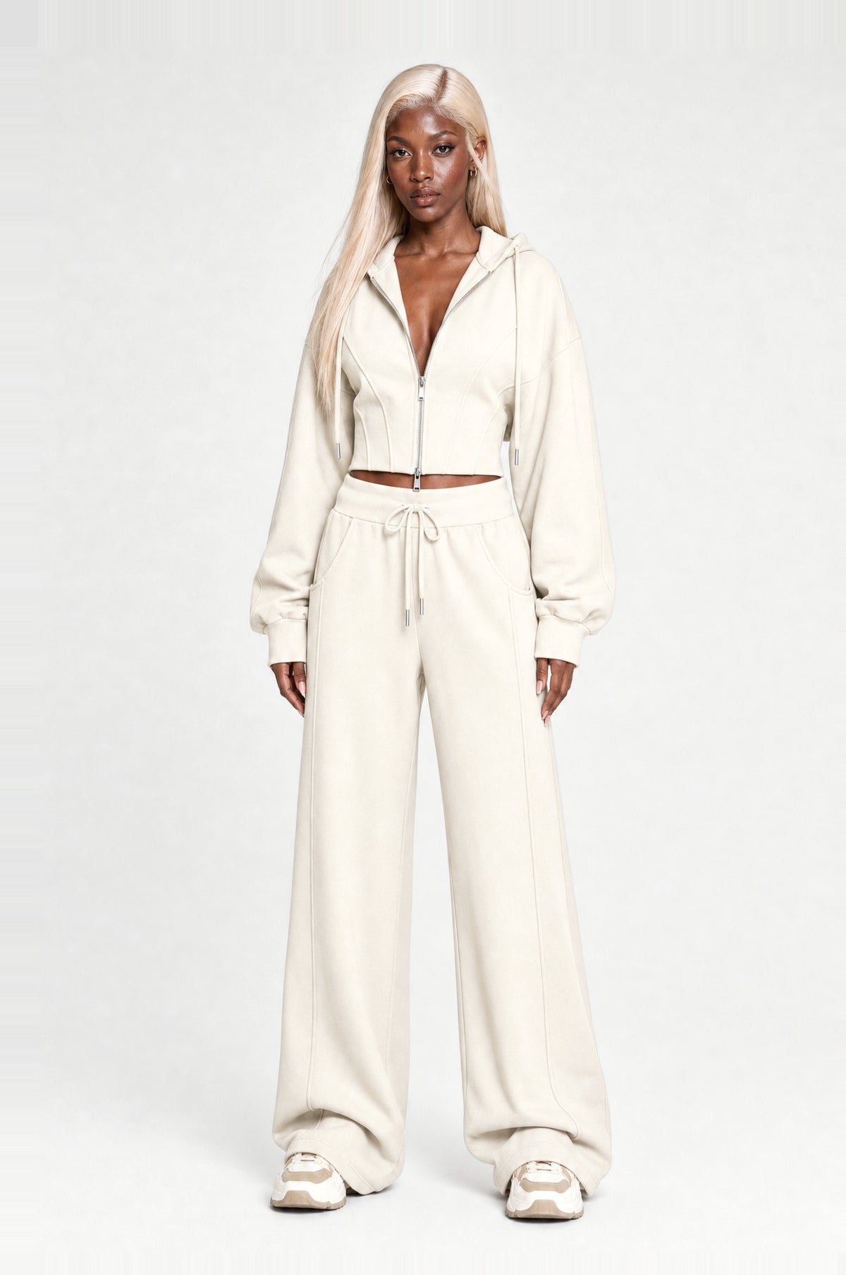 Clapham Cropped Hoodie Set in Cream, front