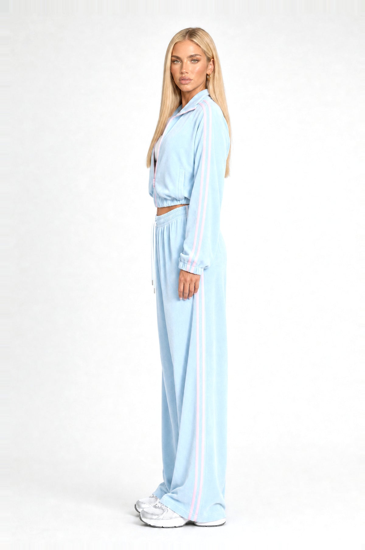 Bermondsey Velour Tracksuit in Sky Blue, side view looking back