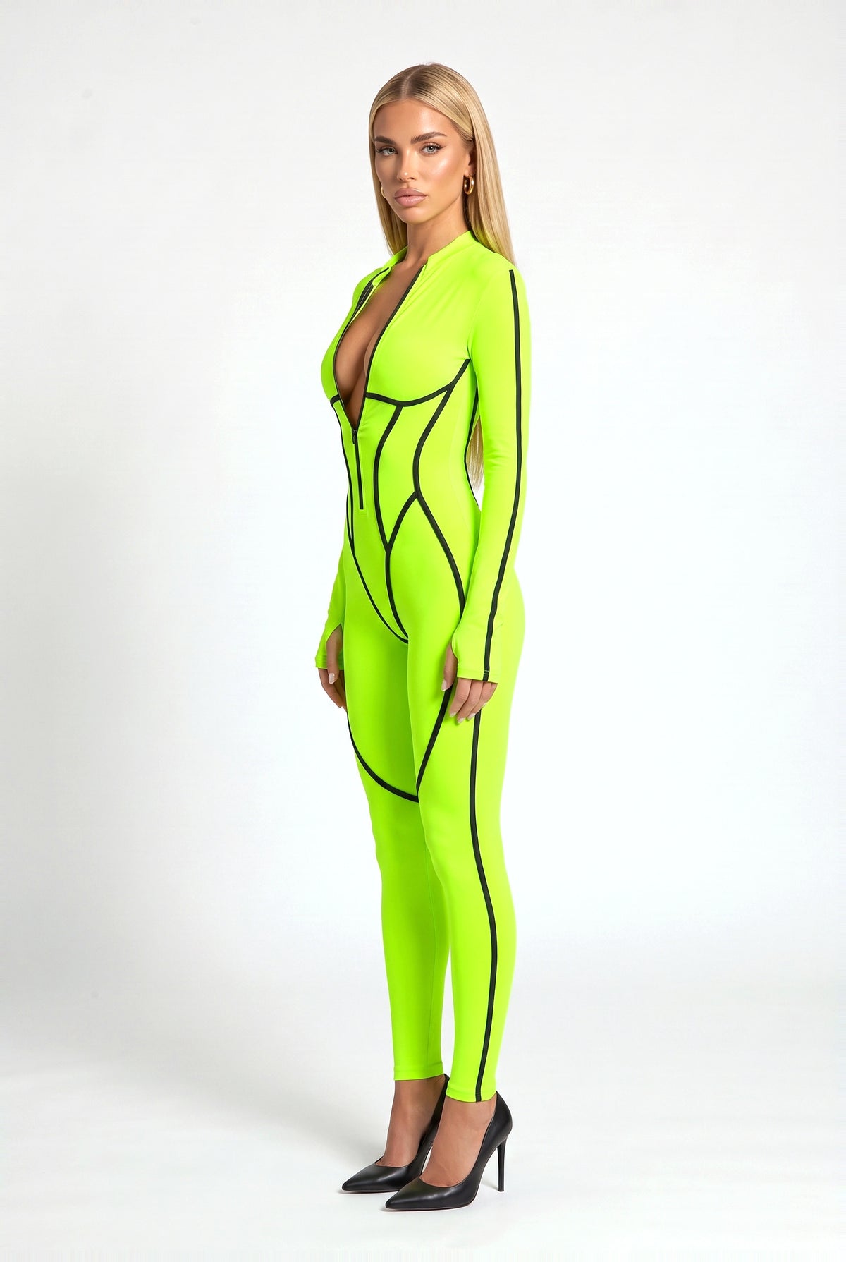 Stockwell Printed Catsuit in Neon Green & Black, side view looking back