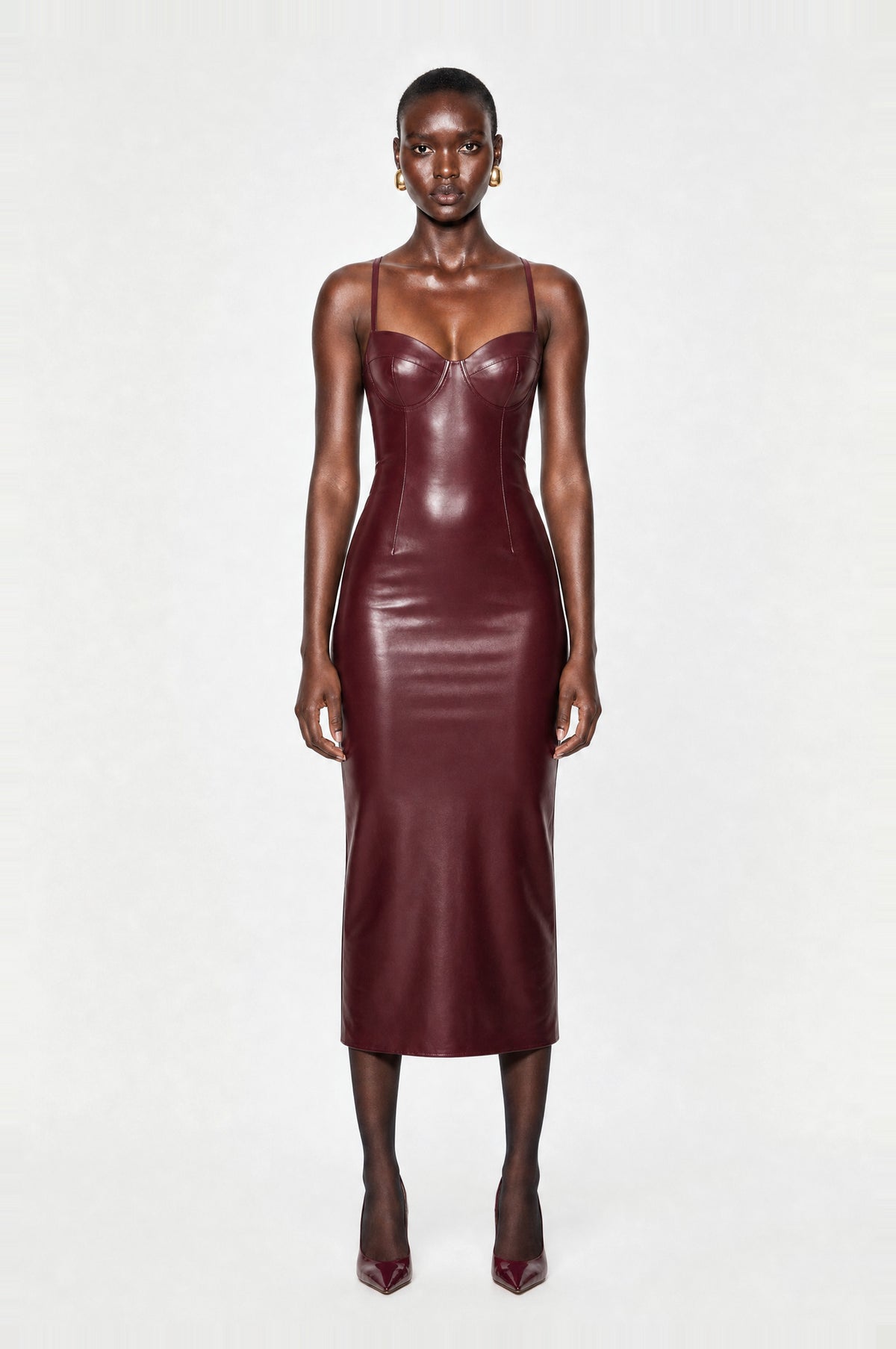 Piccadilly Faux Leather Midi Dress in Burgundy, front