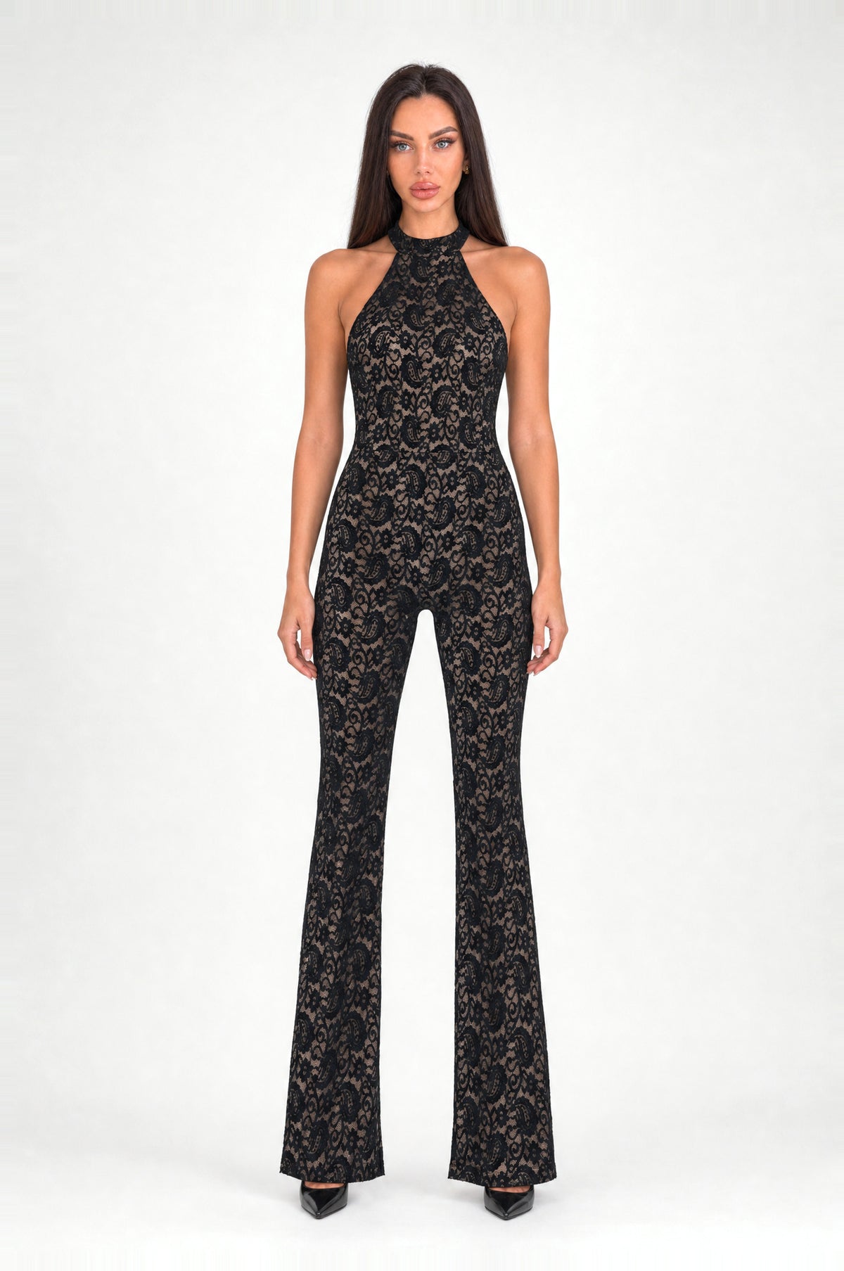 The Kew Lace Halter Jumpsuit in Black, front
