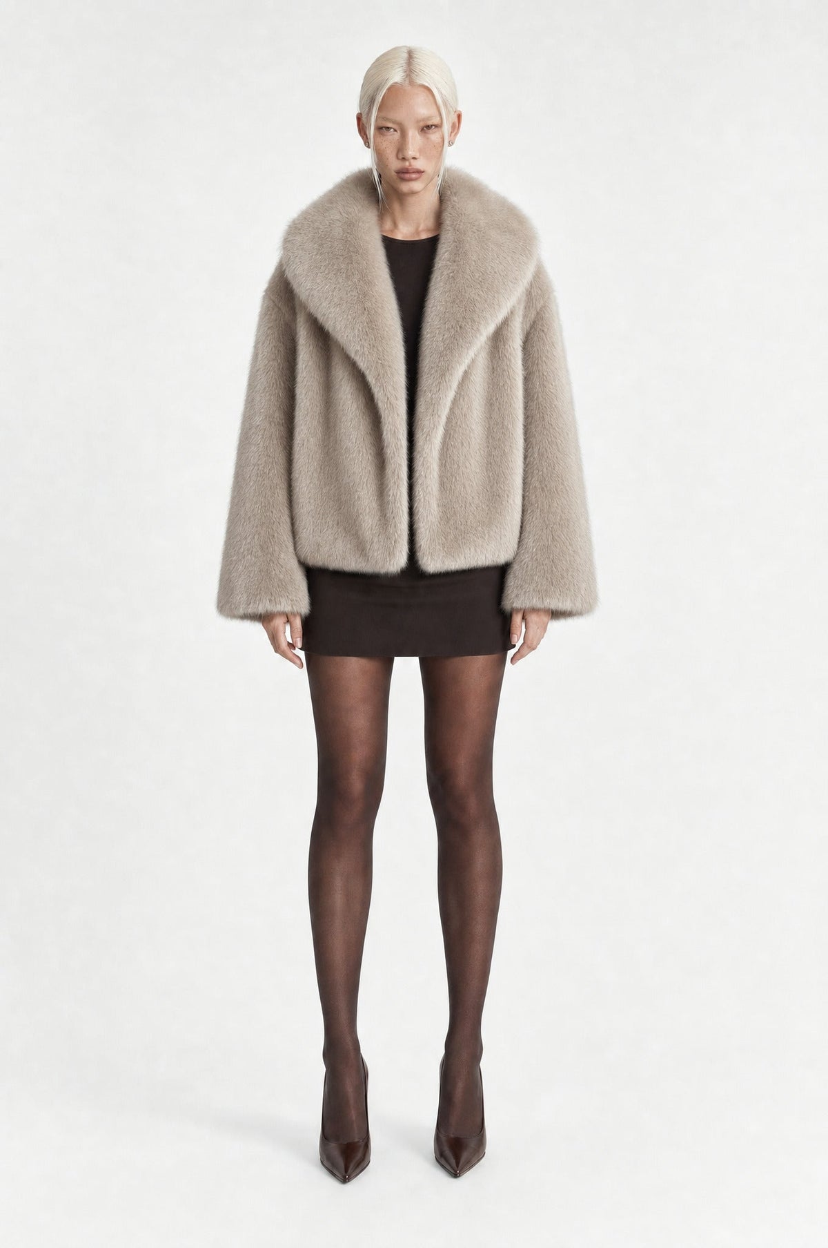The Belgravia Faux Fur Jacket in Beige Grey, front